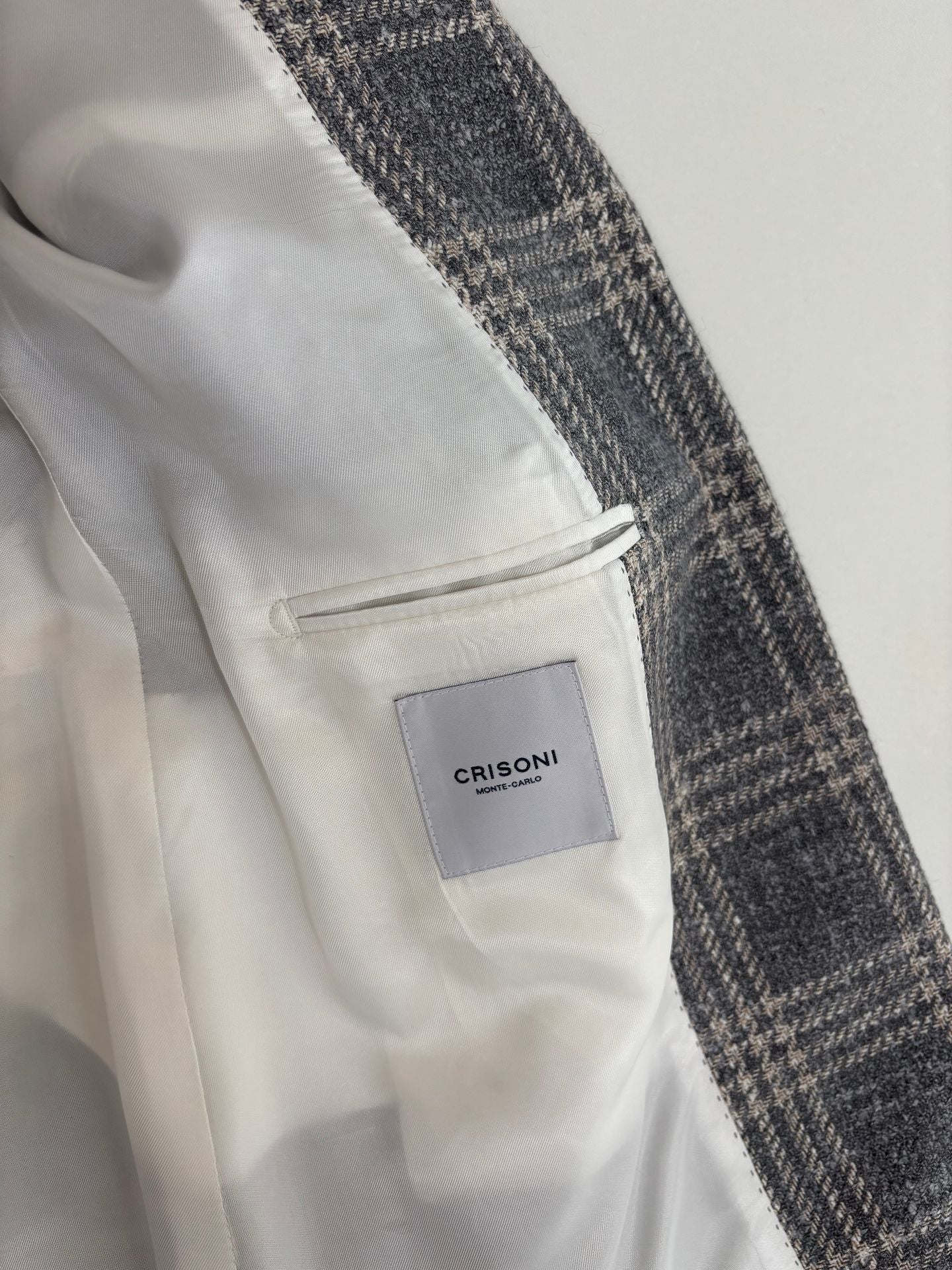 Blazer Crisoni Monte-Carlo baby alpaca Ferla carreaux gris écru revers cranté – T.42-8