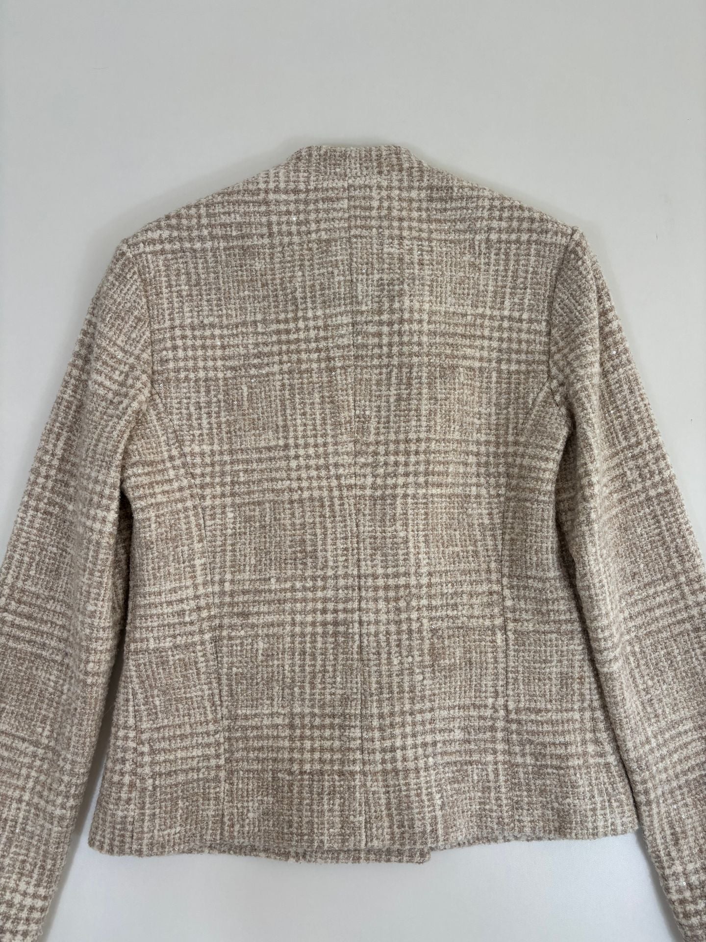 Veste Kiton tweed bouclé beige écru fils nacrés col officier boutons perles – T.42-7