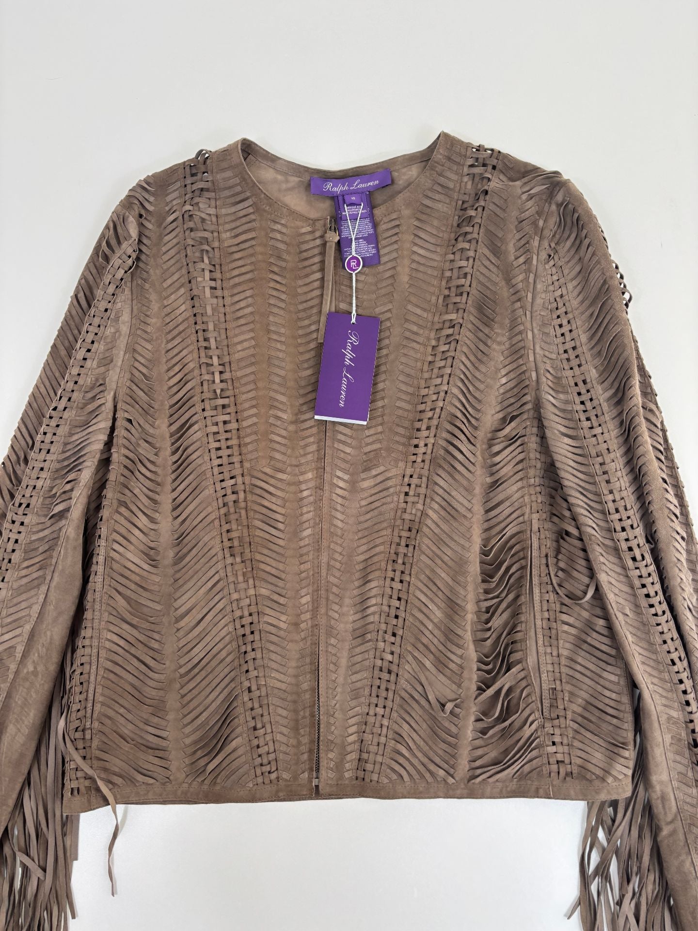 Veste Ralph Lauren Purple Label Christie daim agneau taupe franges tressé chevron – T.L-5