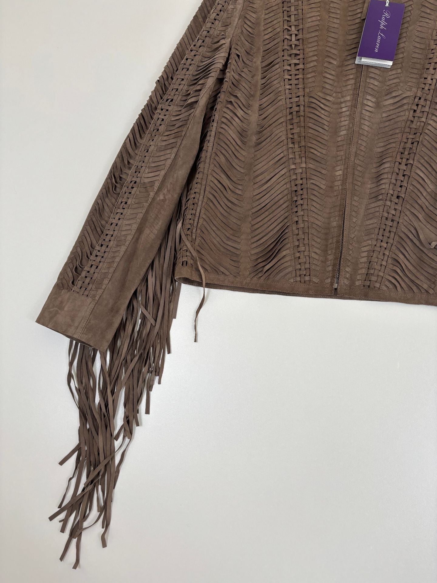 Veste Ralph Lauren Purple Label Christie daim agneau taupe franges tressé chevron – T.L-2