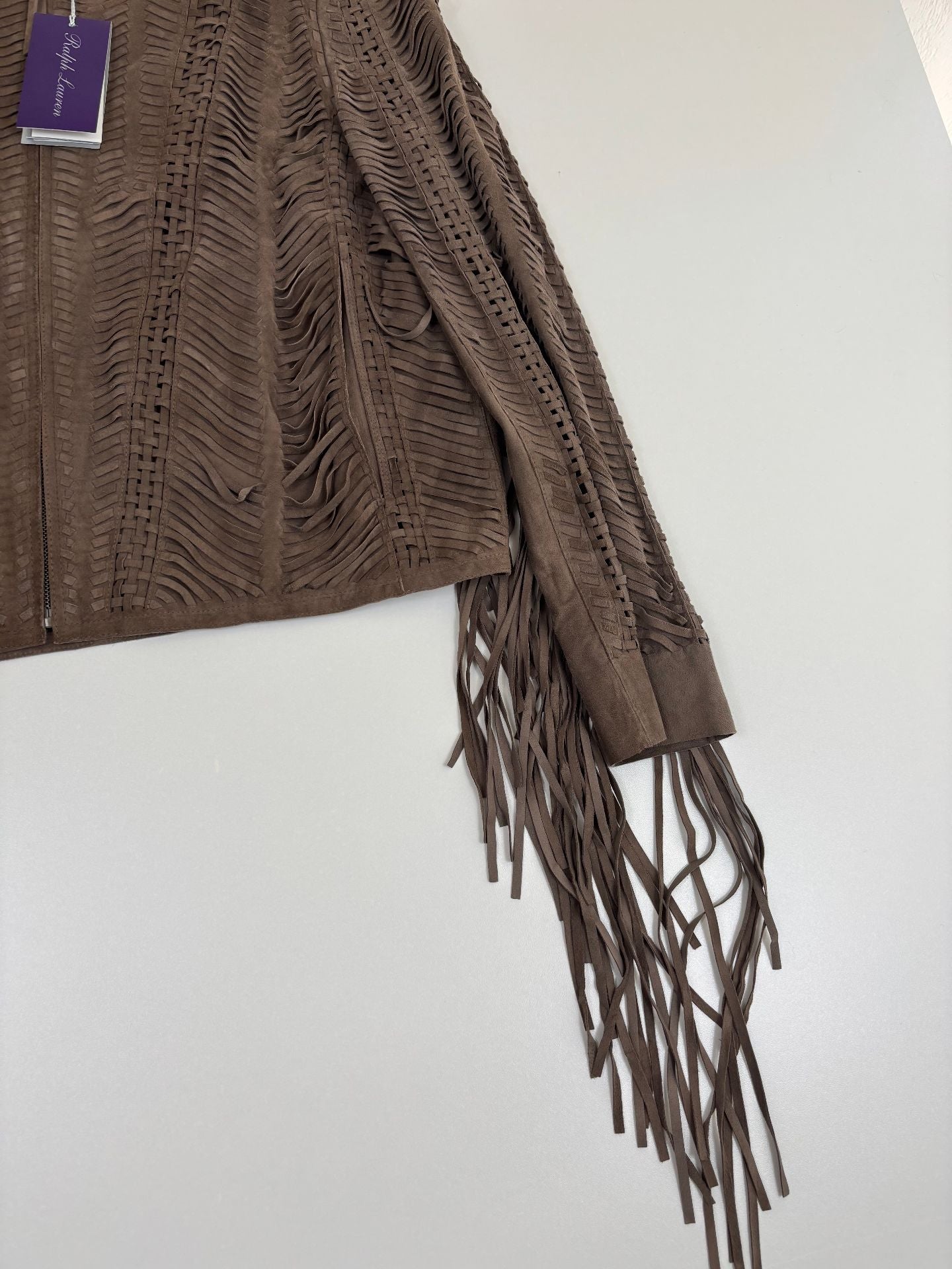 Veste Ralph Lauren Purple Label Christie daim agneau taupe franges tressé chevron – T.L-3