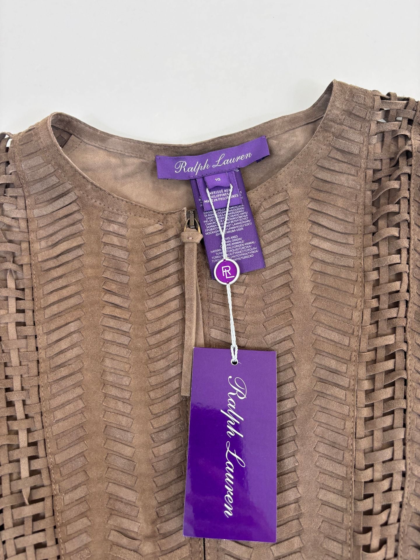 Veste Ralph Lauren Purple Label Christie daim agneau taupe franges tressé chevron – T.L-4