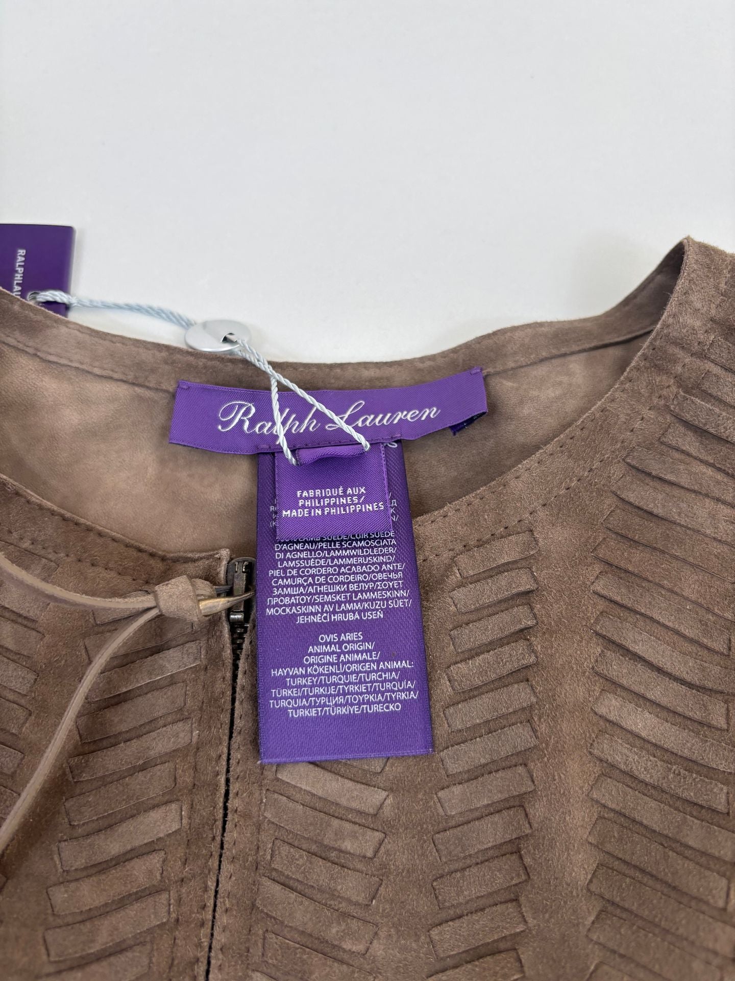 Veste Ralph Lauren Purple Label Christie daim agneau taupe franges tressé chevron – T.L-7