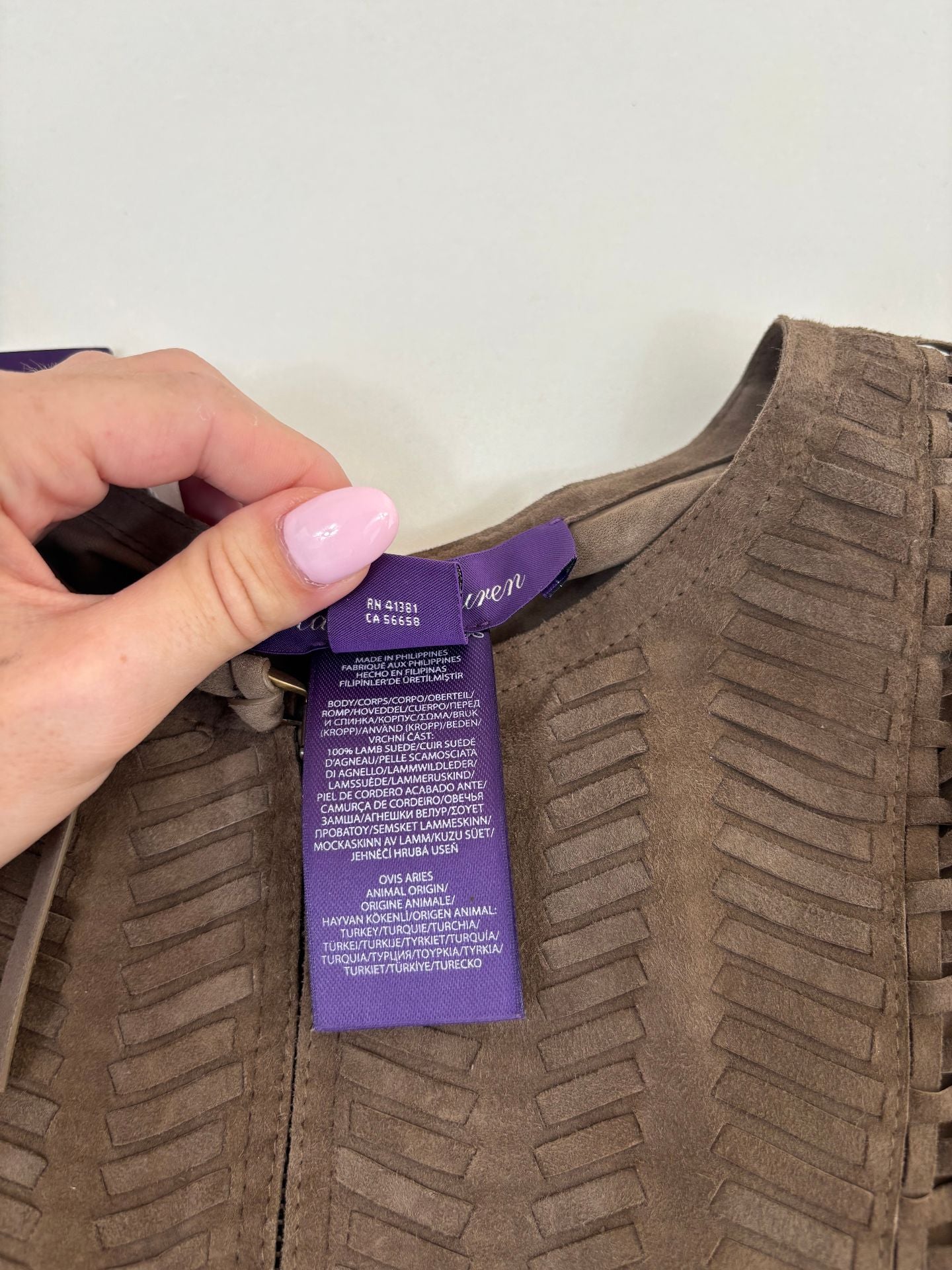 Veste Ralph Lauren Purple Label Christie daim agneau taupe franges tressé chevron – T.L-8