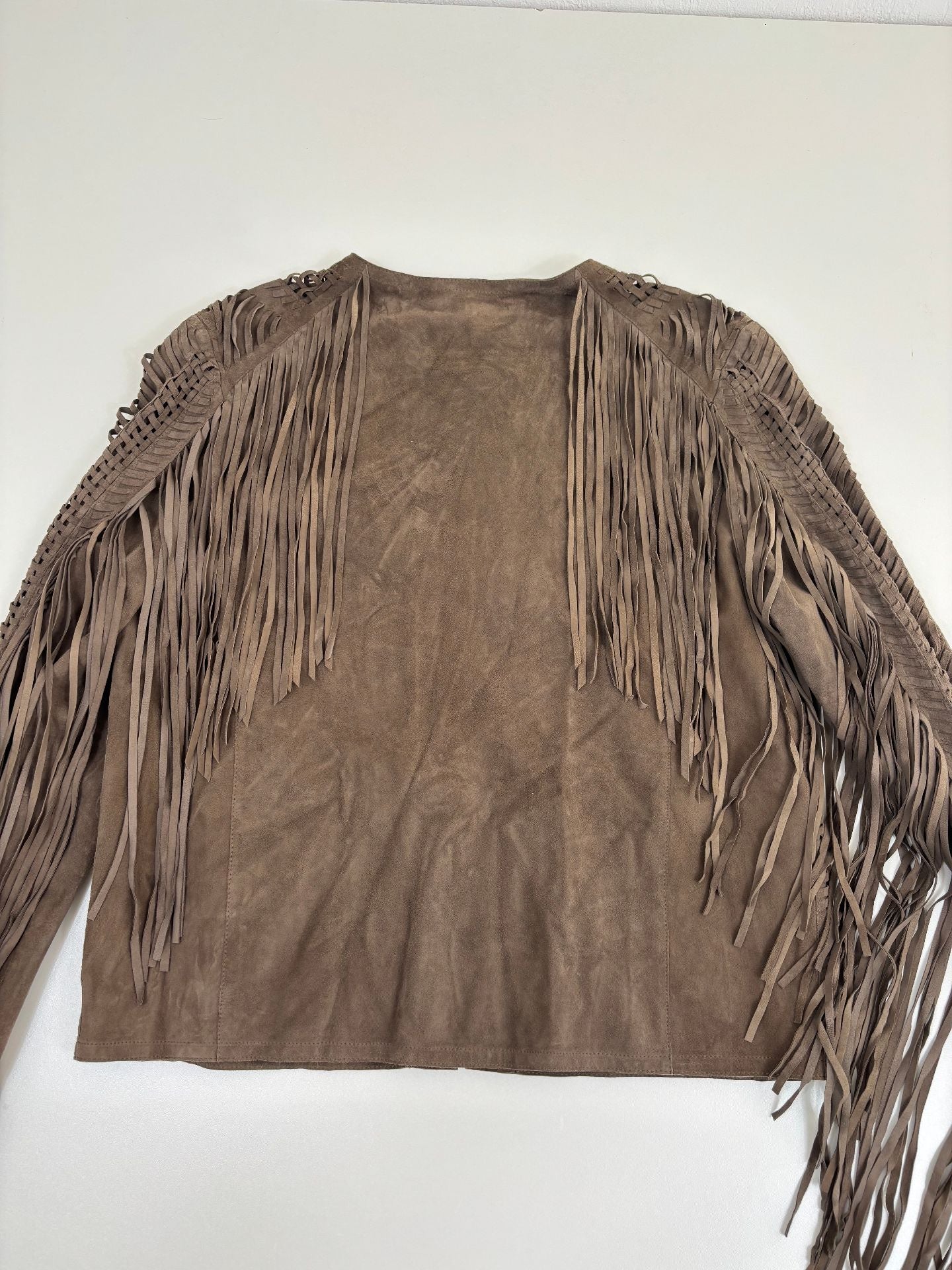 Veste Ralph Lauren Purple Label Christie daim agneau taupe franges tressé chevron – T.L-9