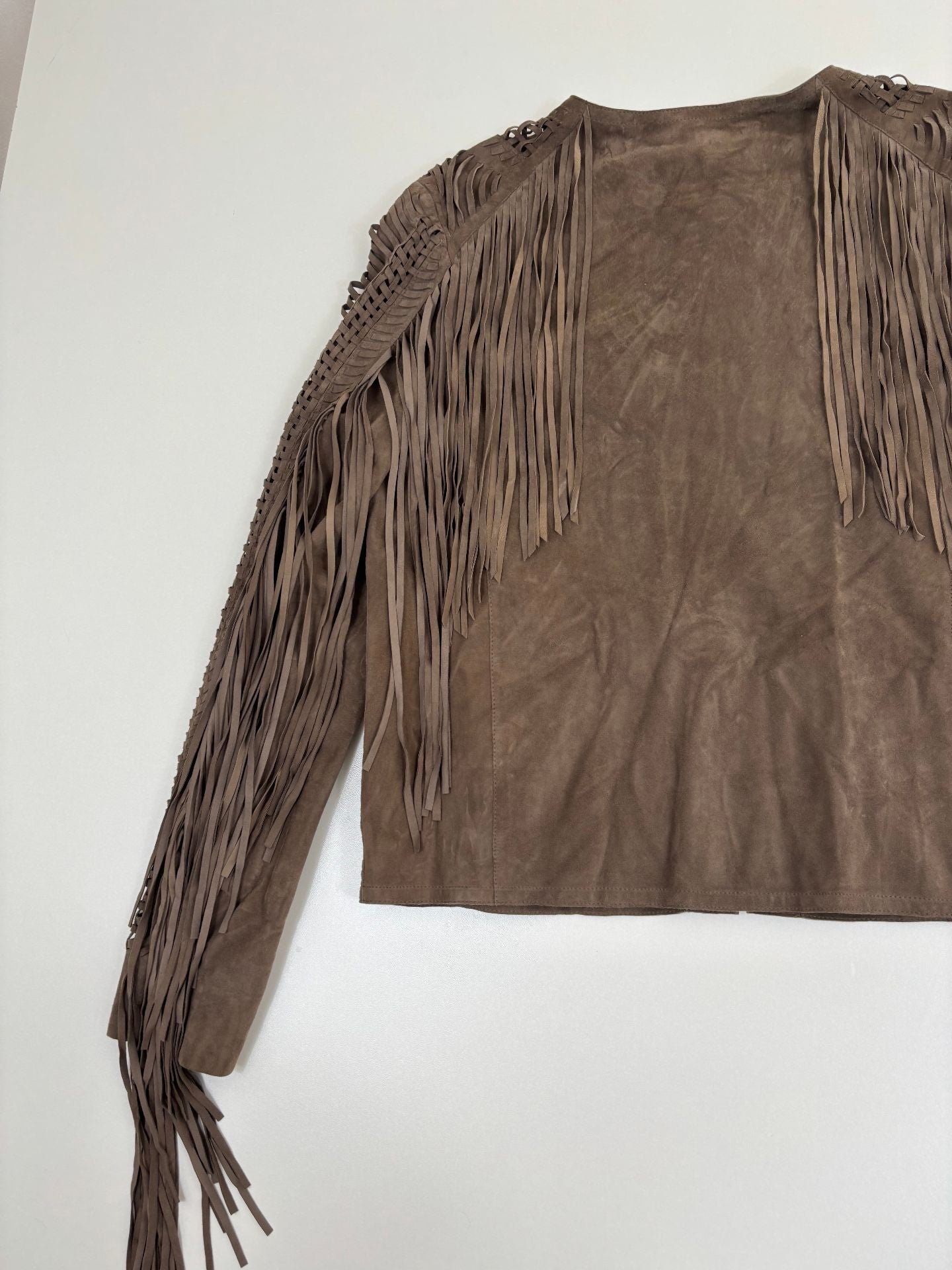 Veste Ralph Lauren Purple Label Christie daim agneau taupe franges tressé chevron – T.L-10