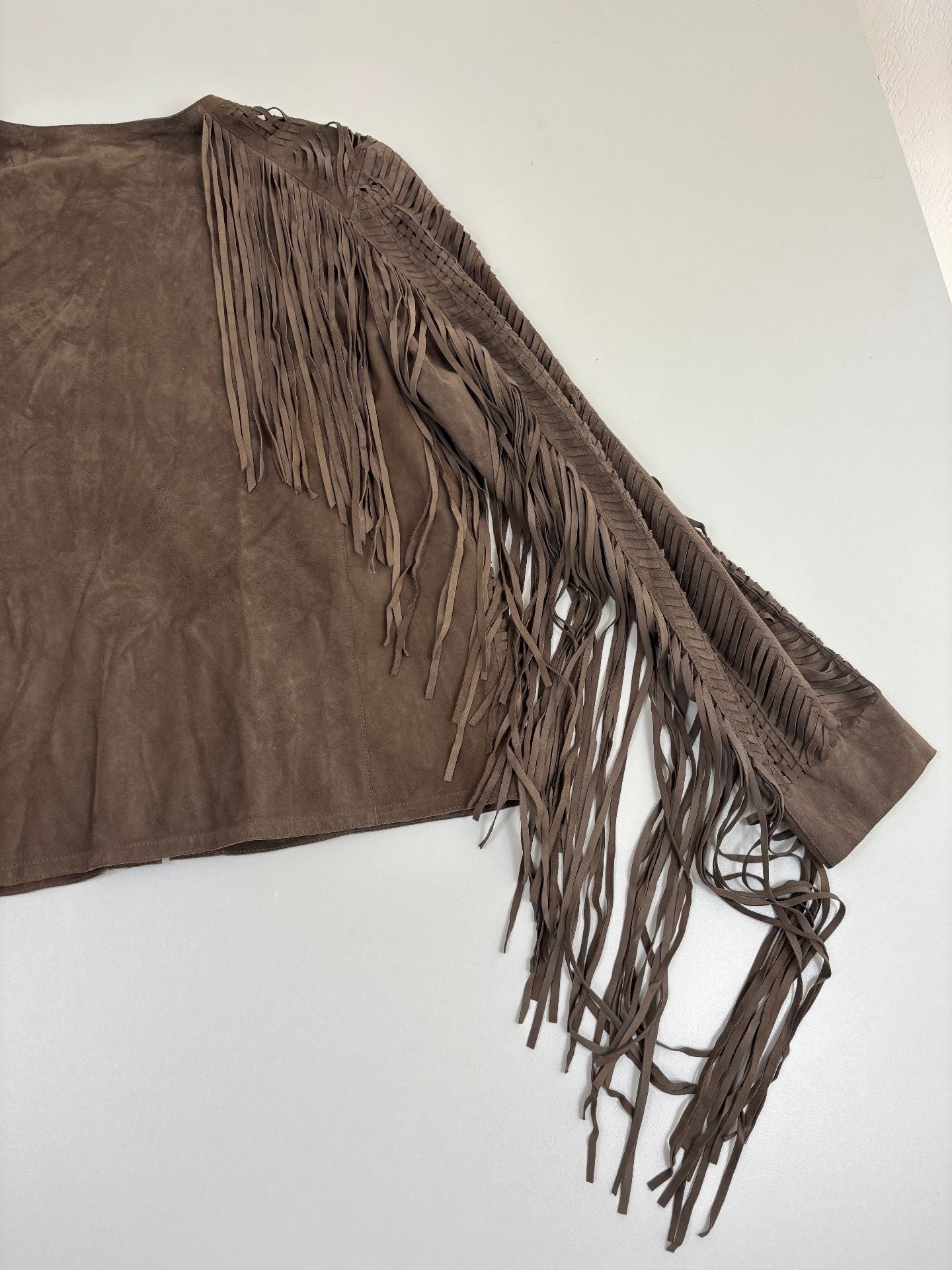 Veste Ralph Lauren Purple Label Christie daim agneau taupe franges tressé chevron – T.L-11