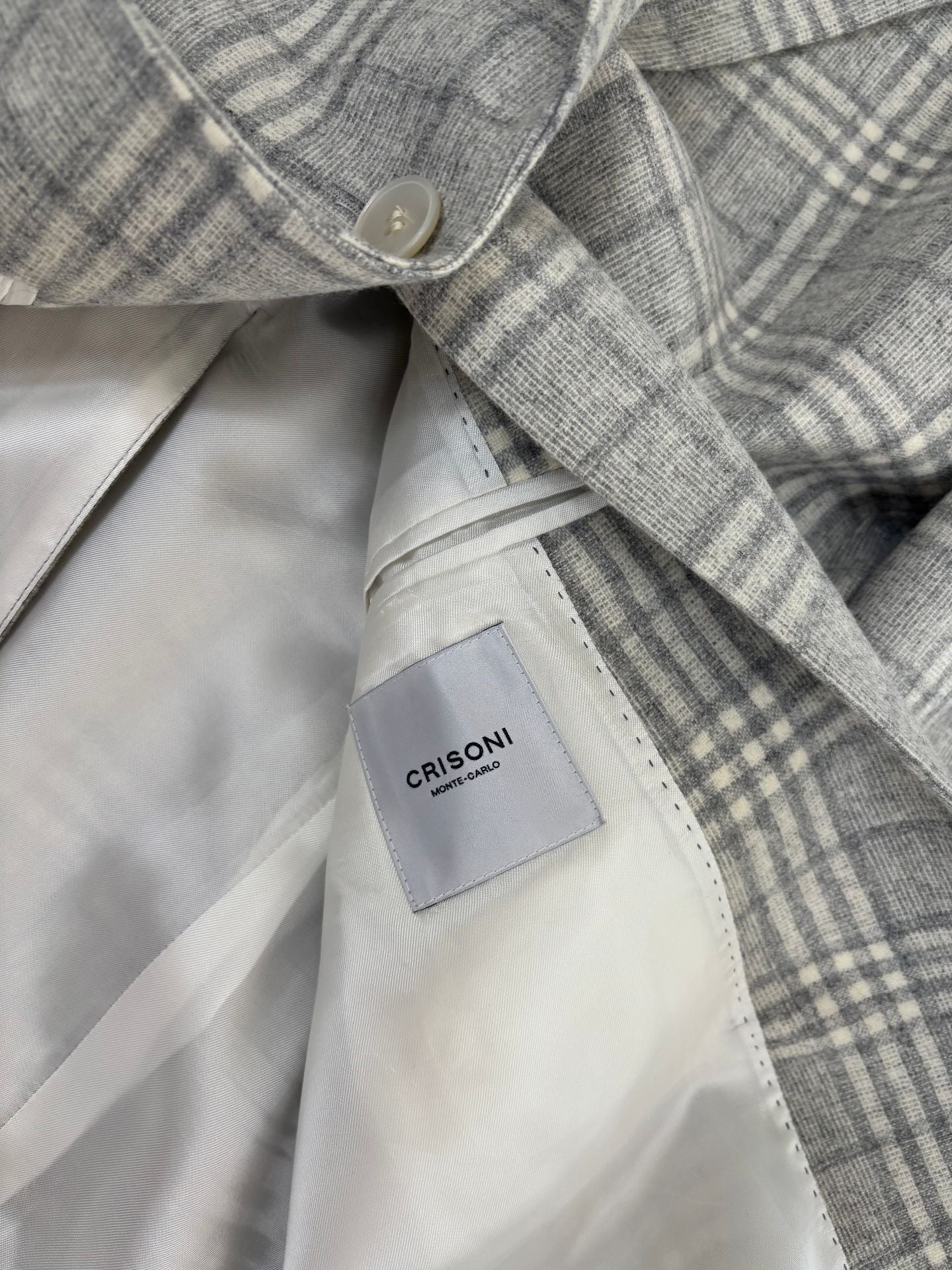 Blazer Crisoni Monte-Carlo laine Angelico carreaux gris écru revers pointus – T.42-9