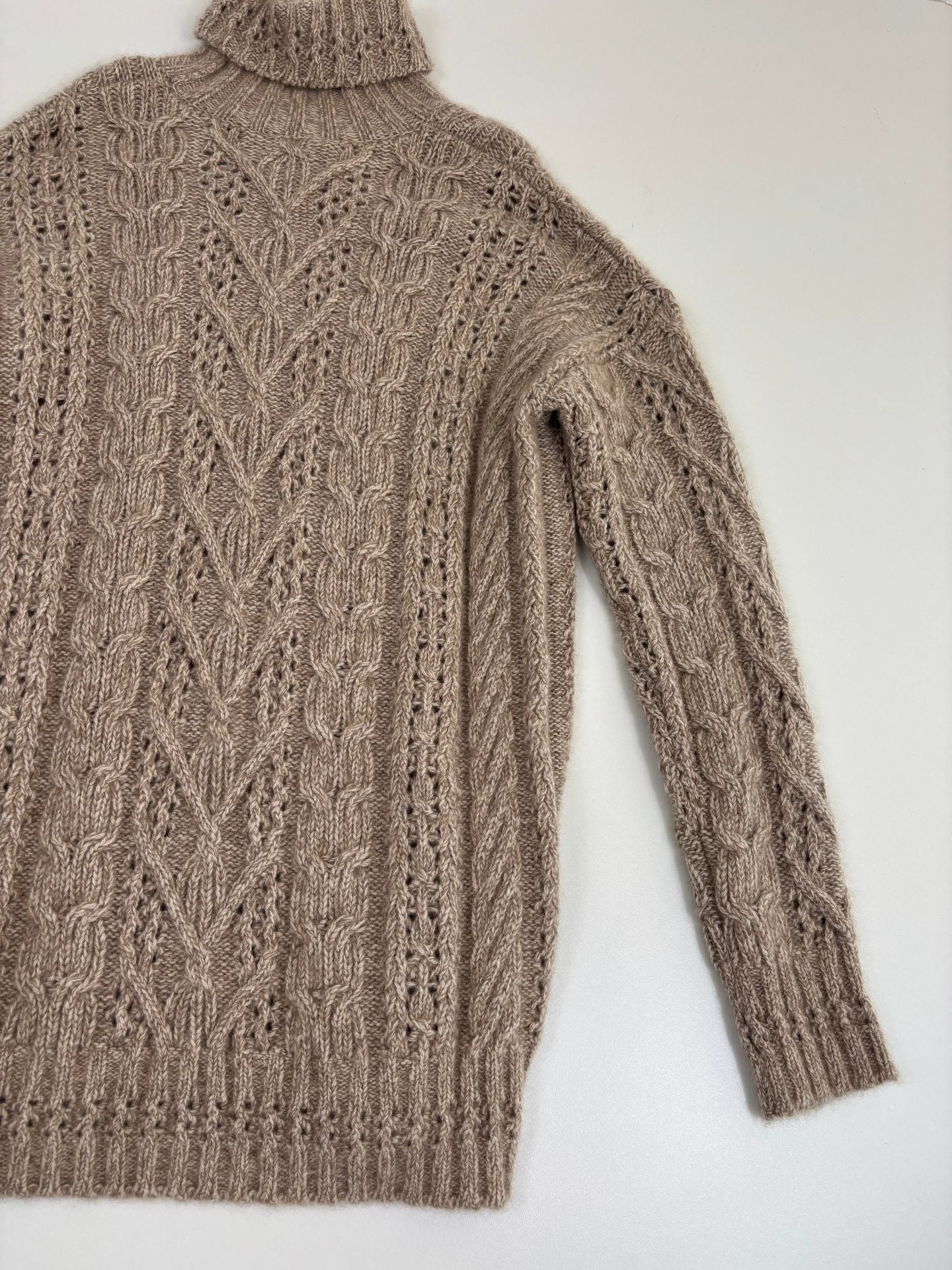 Pull col roulé Ralph Lauren Purple Label torsadé ajouré beige chiné oversize – T.M-8