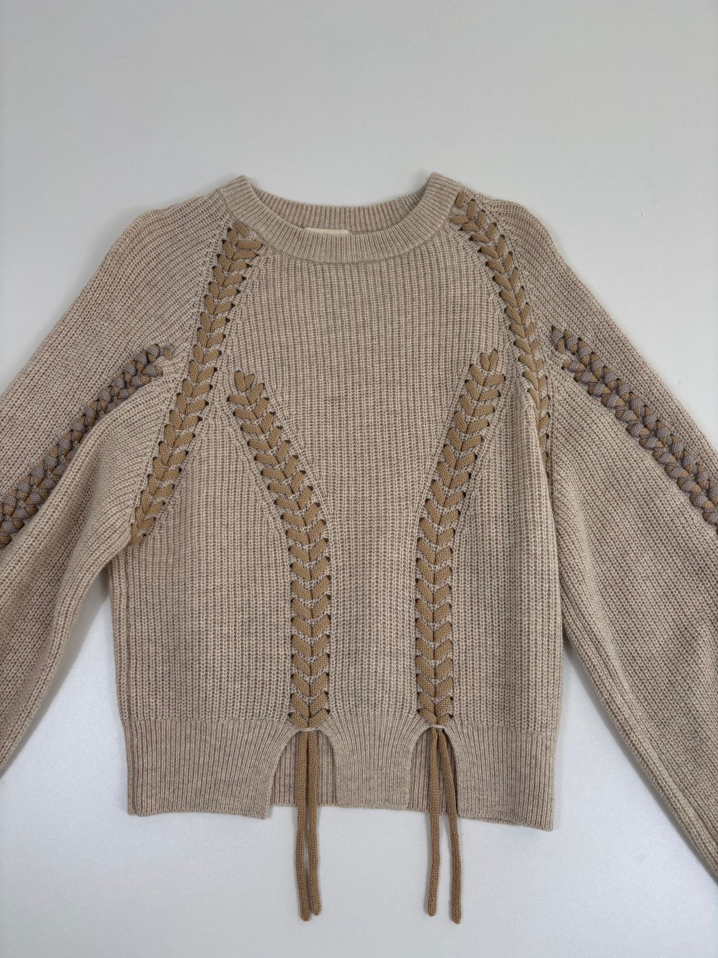 Pull Mes Demoiselles Tamami laine beige sable côtelé tressé lacet manches raglan – T.1-5