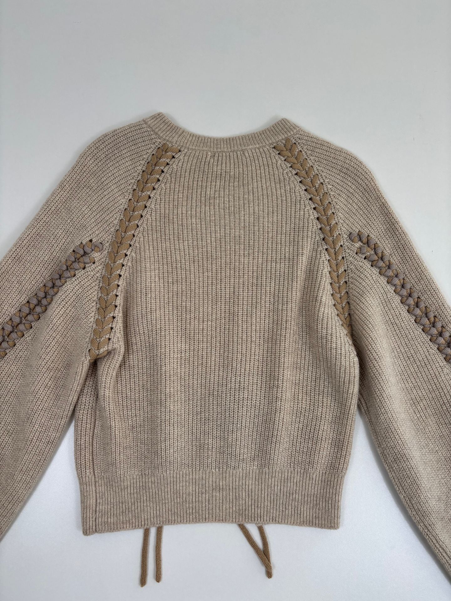 Pull Mes Demoiselles Tamami laine beige sable côtelé tressé lacet manches raglan – T.1-6