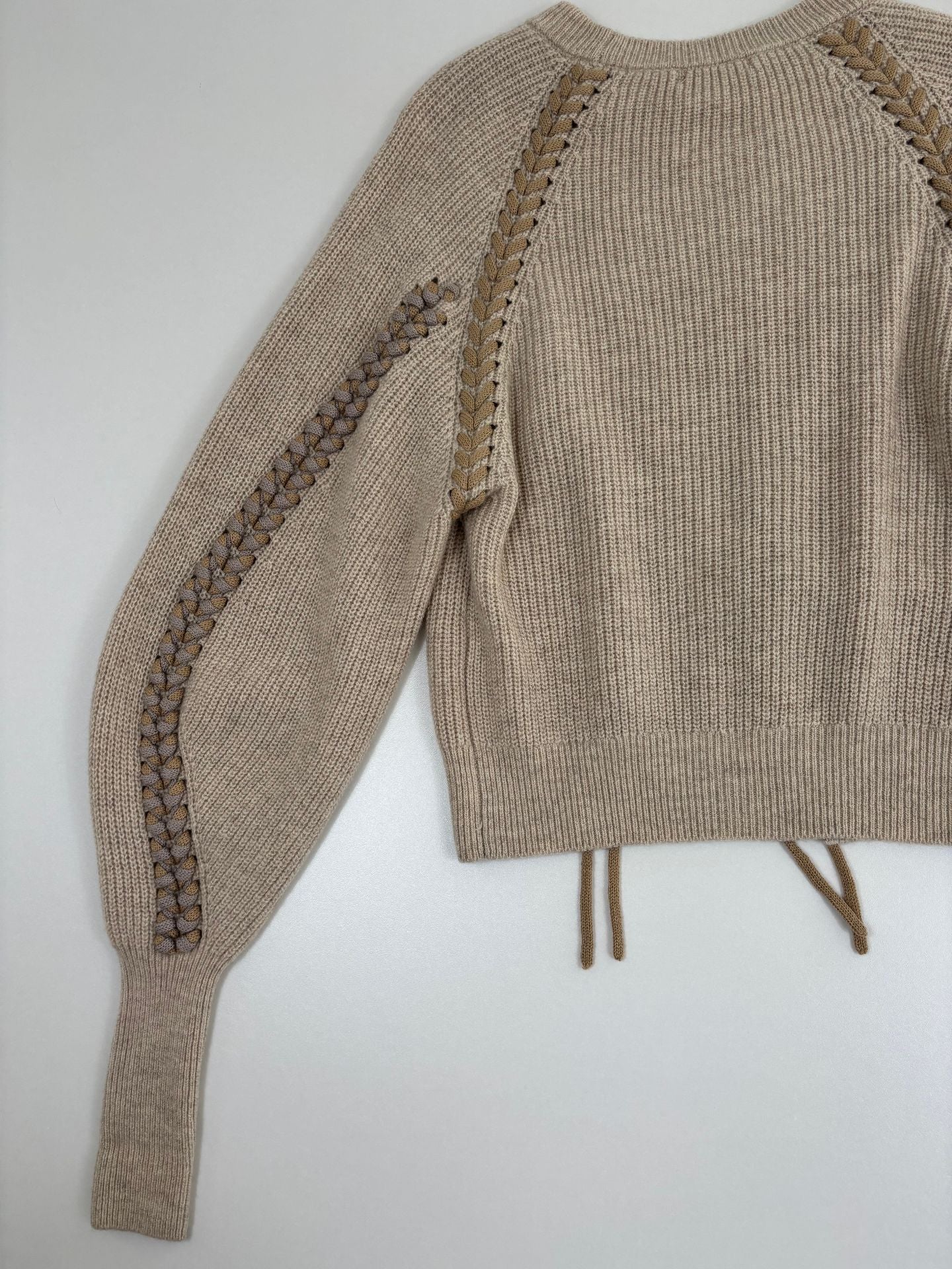 Pull Mes Demoiselles Tamami laine beige sable côtelé tressé lacet manches raglan – T.1-7