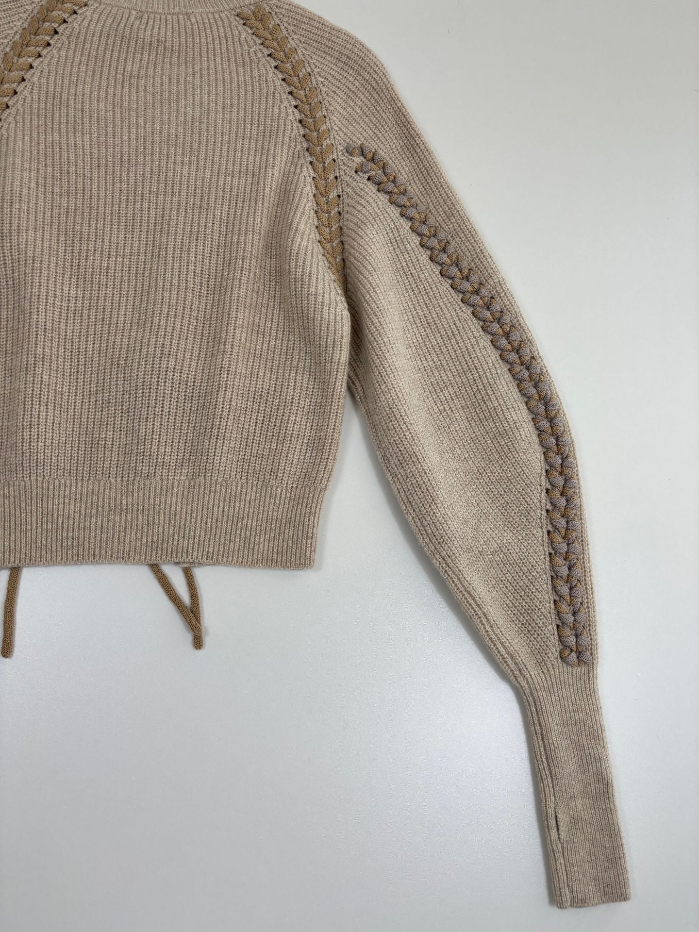 Pull Mes Demoiselles Tamami laine beige sable côtelé tressé lacet manches raglan – T.1-8