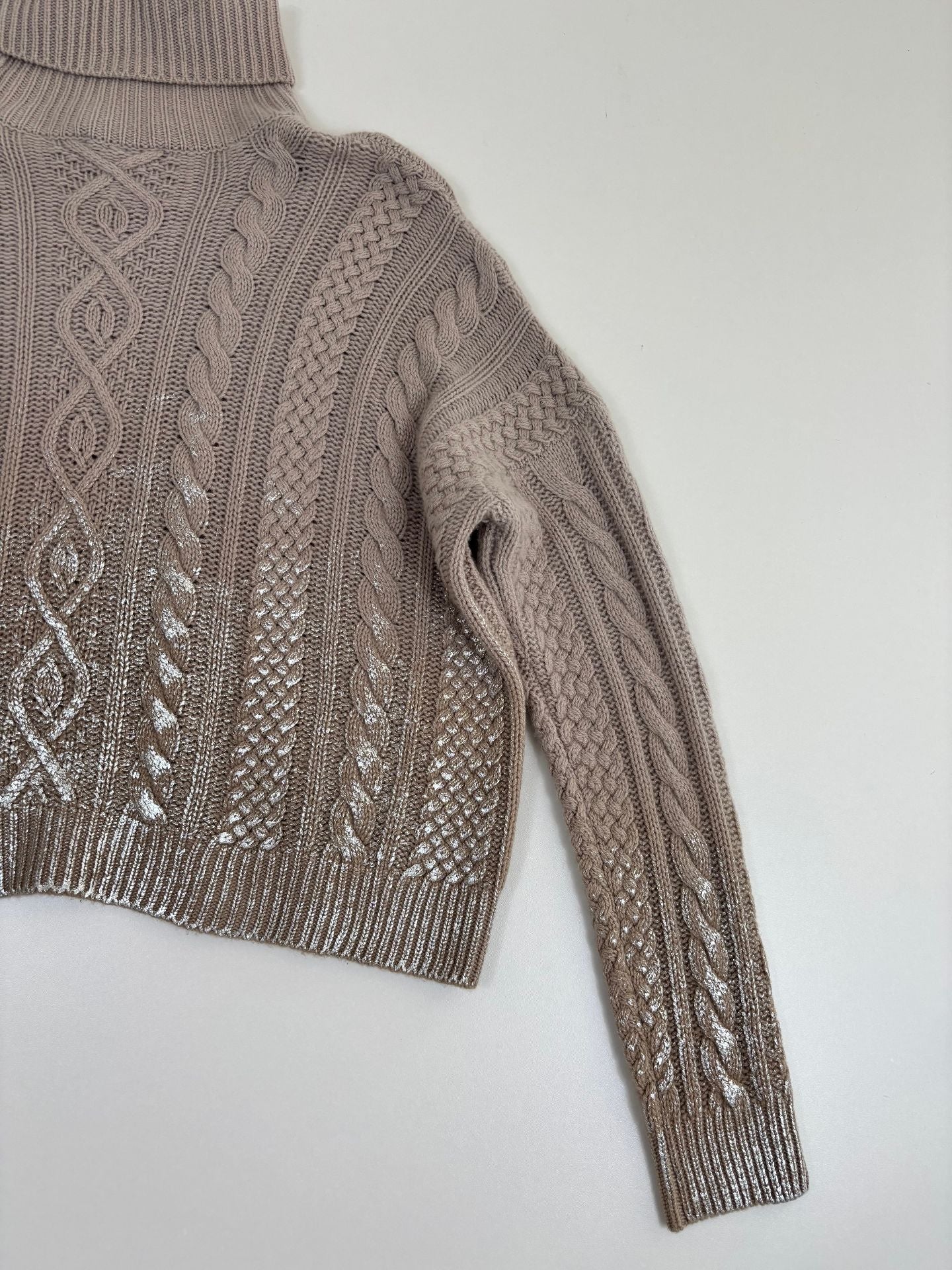 Pull col roulé Ralph Lauren Purple Label torsadé taupe dégradé argenté oversize – T.L-7