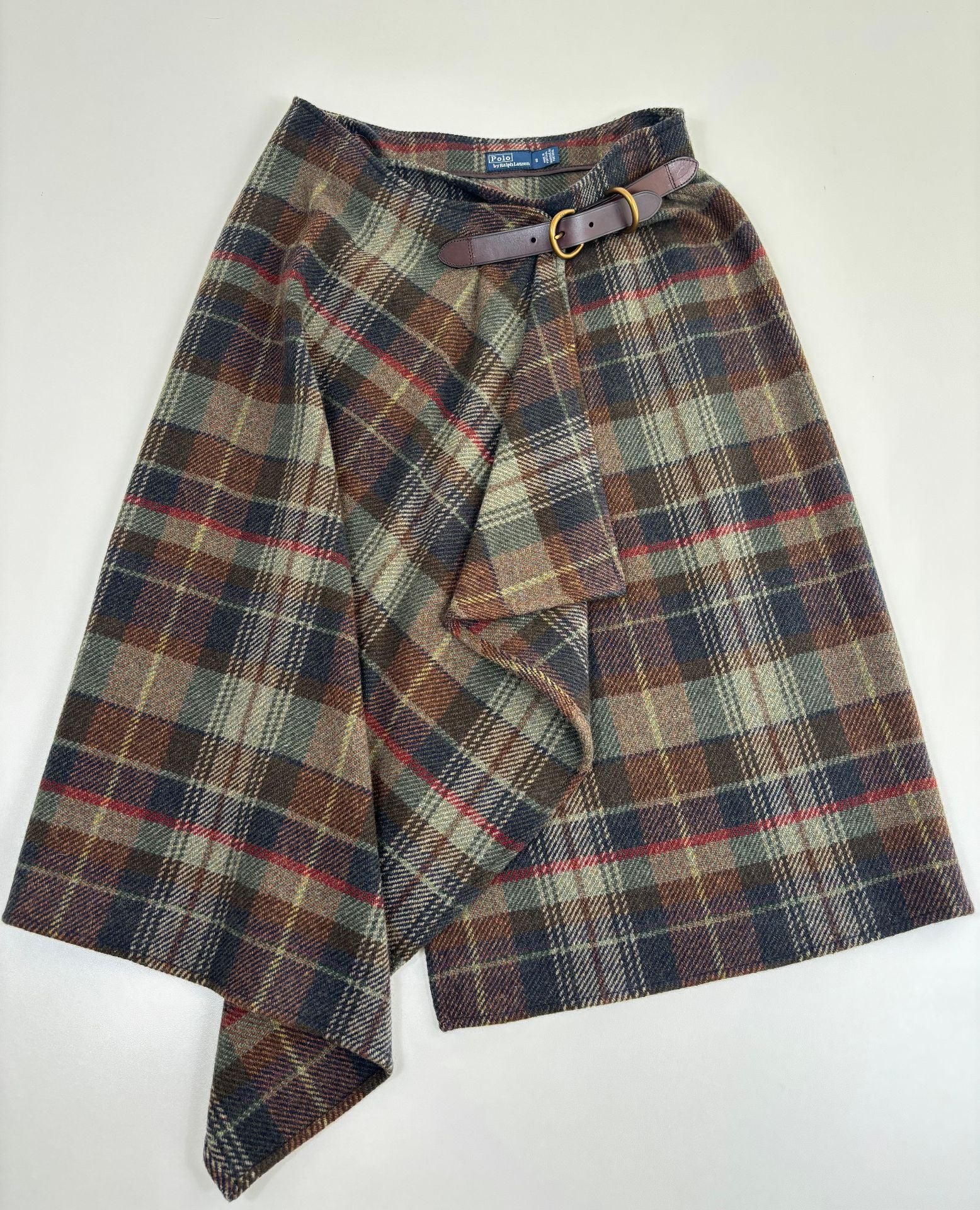 Jupe portefeuille Polo Ralph Lauren tartan écossais kaki brun silhouette cascade – T.40-5