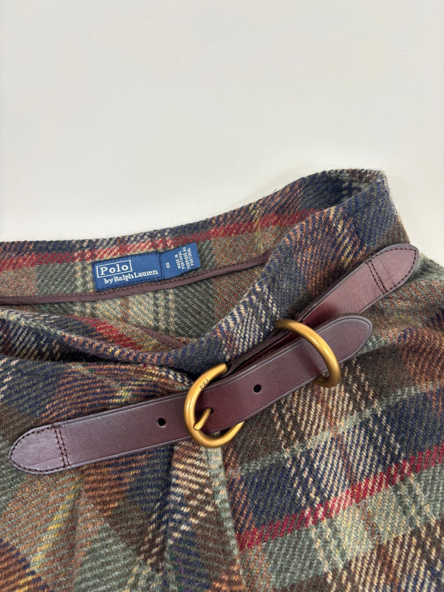 Jupe portefeuille Polo Ralph Lauren tartan écossais kaki brun silhouette cascade – T.40-2