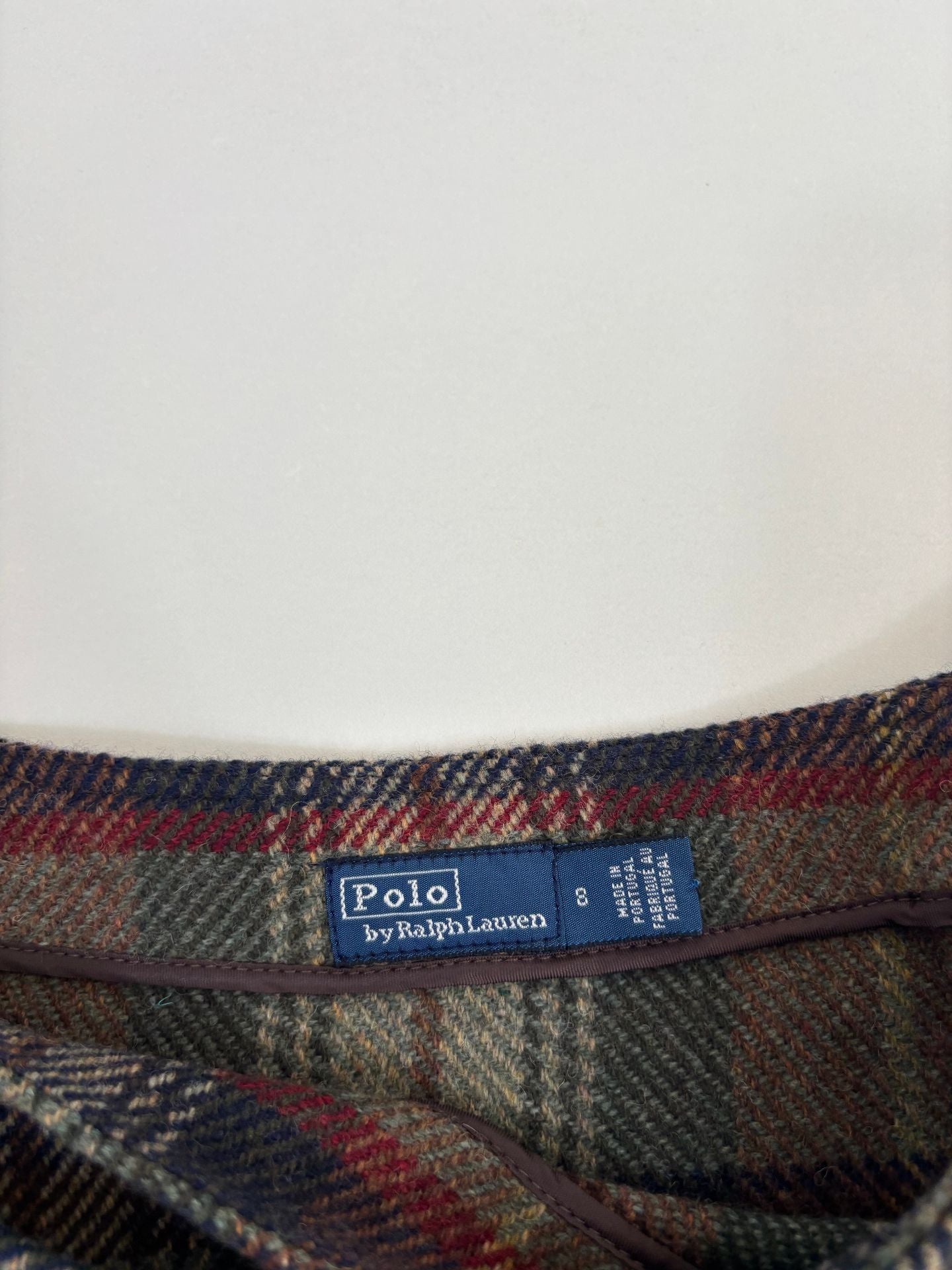 Jupe portefeuille Polo Ralph Lauren tartan écossais kaki brun silhouette cascade – T.40-3