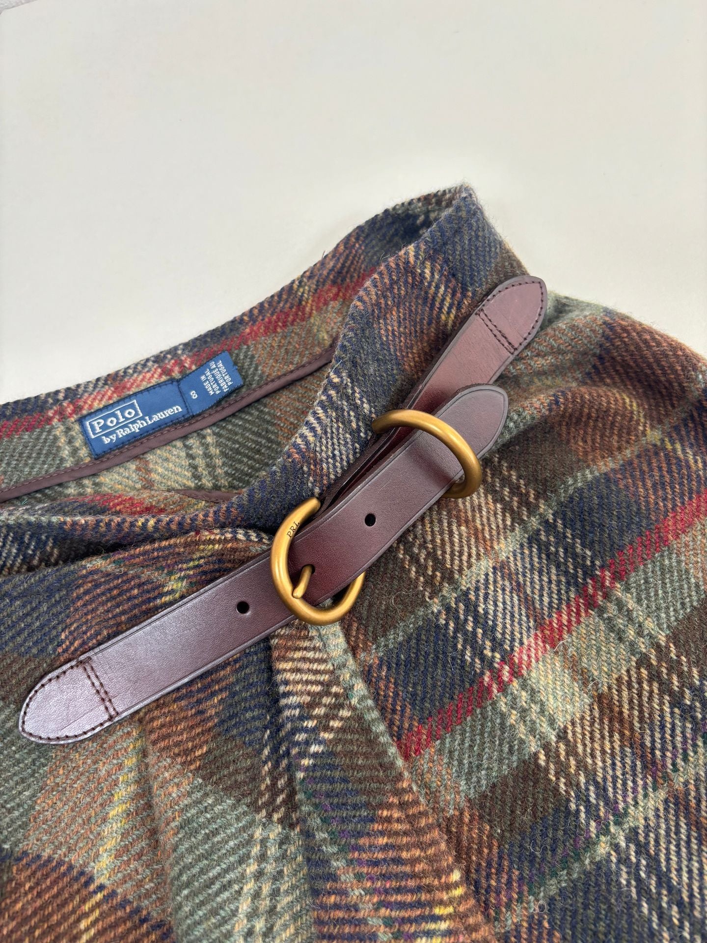 Jupe portefeuille Polo Ralph Lauren tartan écossais kaki brun silhouette cascade – T.40-4