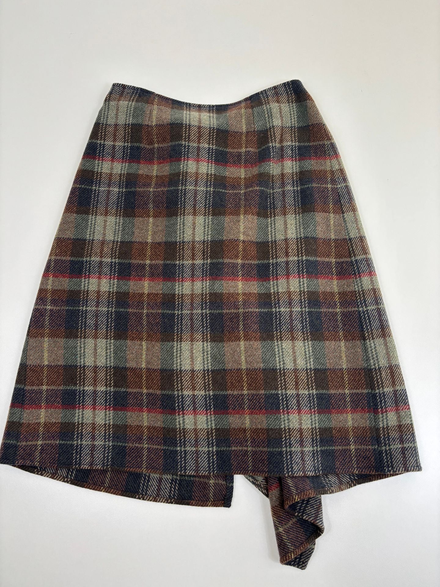 Jupe portefeuille Polo Ralph Lauren tartan écossais kaki brun silhouette cascade – T.40-6