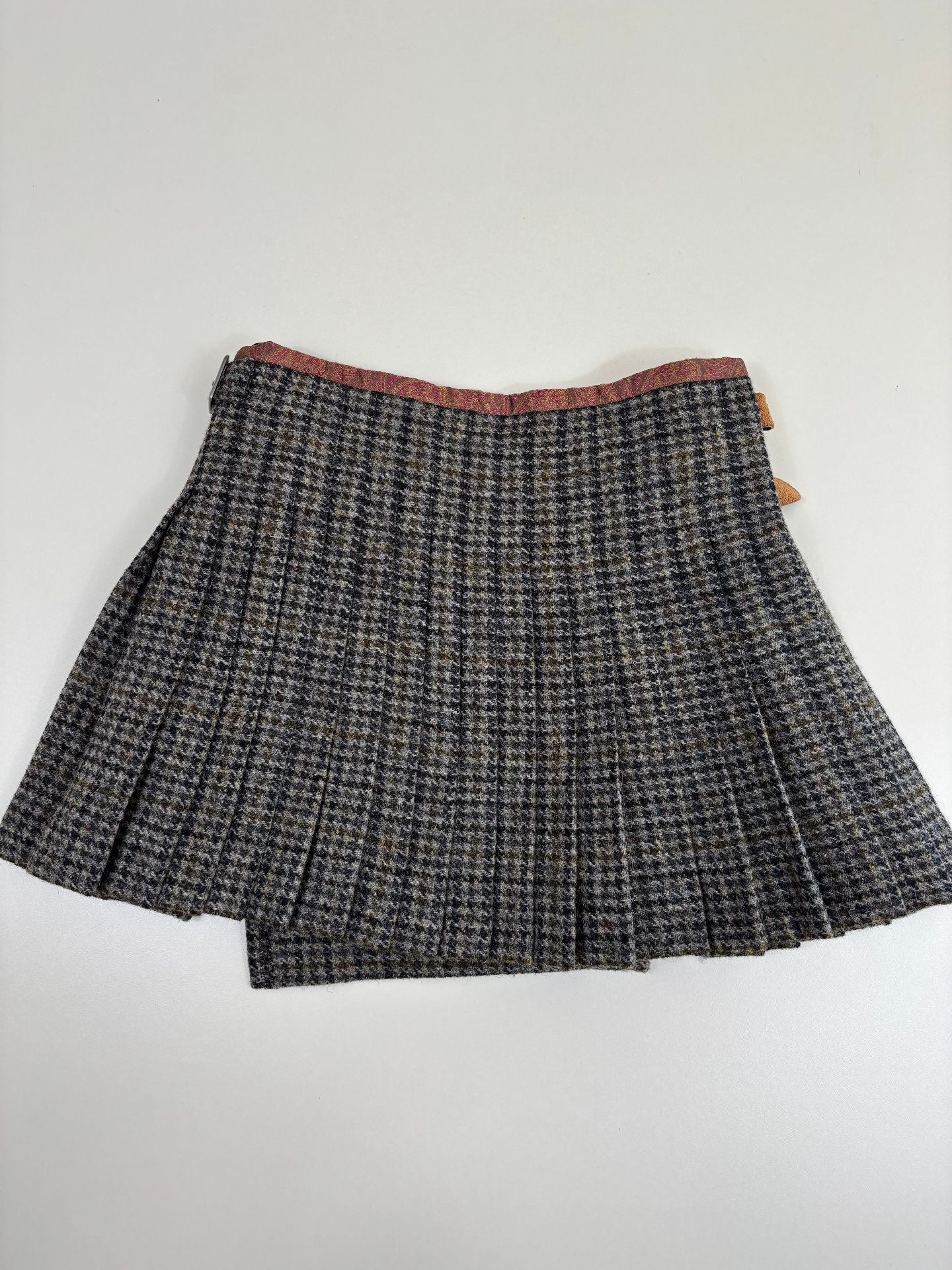 Kilt Harris Tweed pied-de-poule gris kaki noir doublure paisley bordeaux certifié – T.L-6