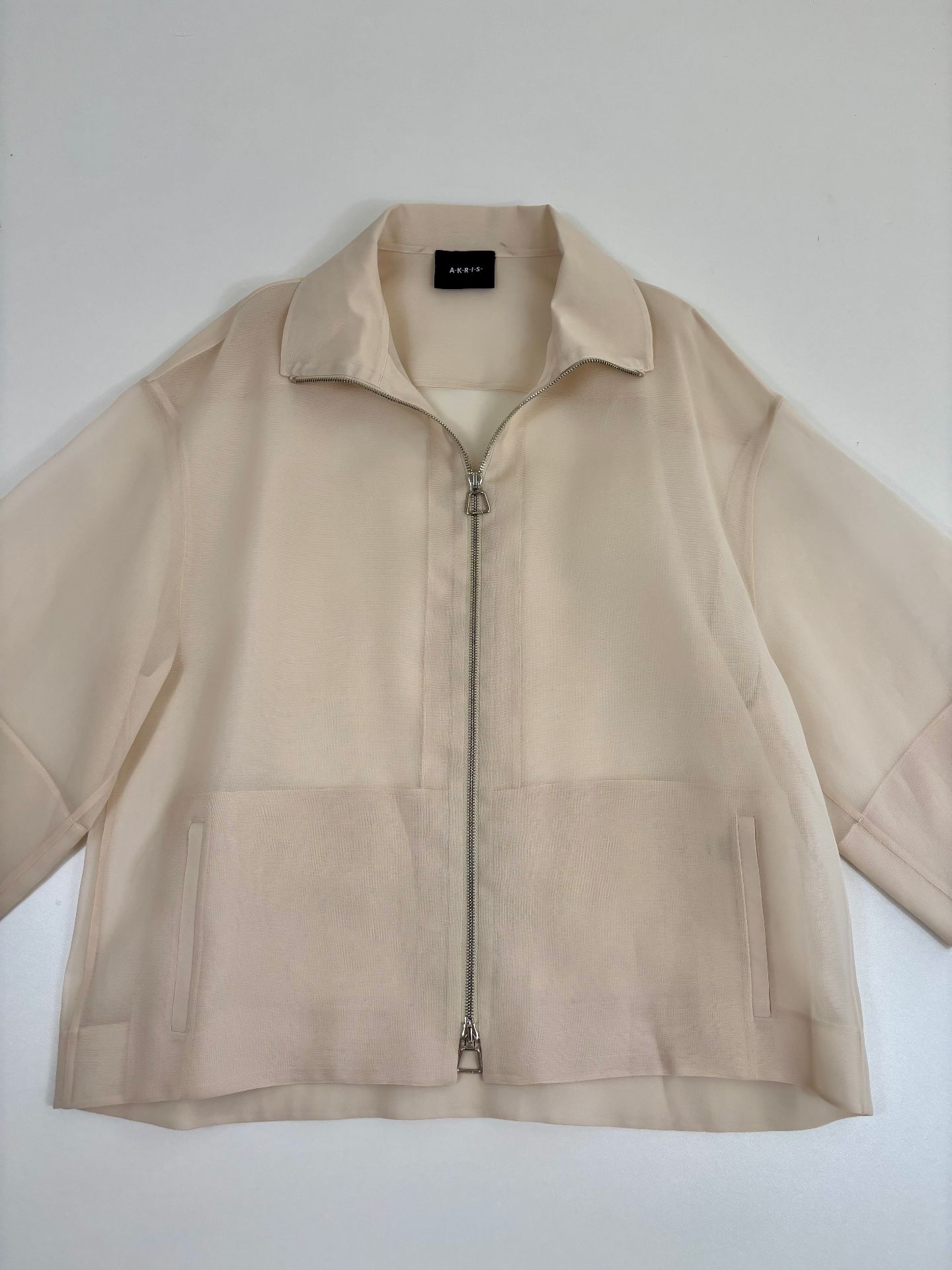 Veste Akris Philia organza soie pure ivoire col chemise manches bracelet zip argenté – T.40-4