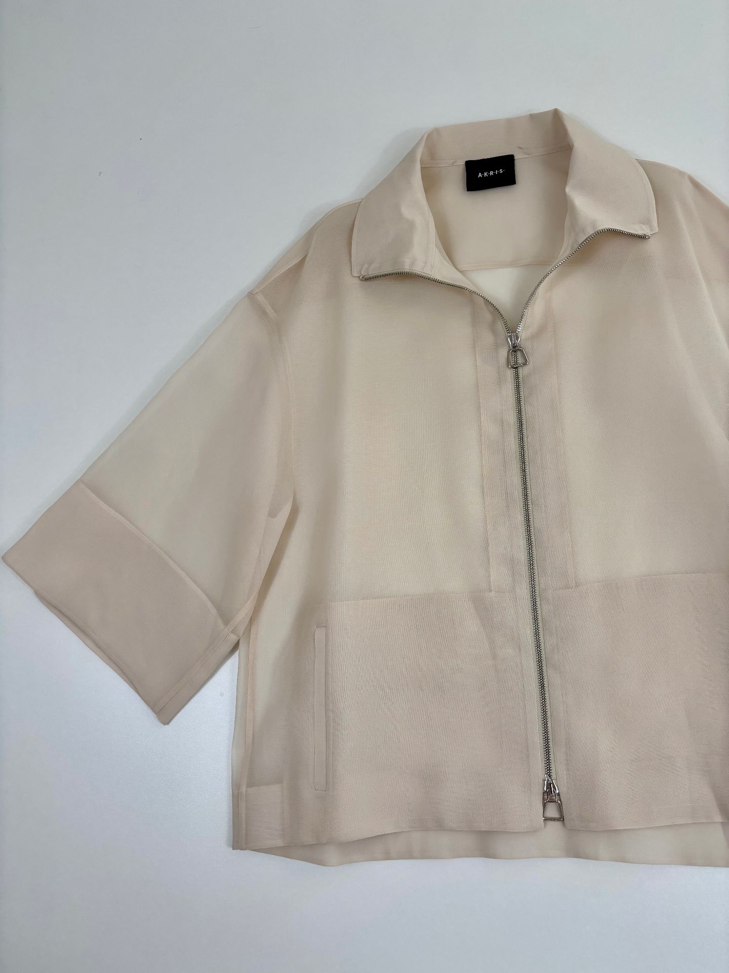 Veste Akris Philia organza soie pure ivoire col chemise manches bracelet zip argenté – T.40-2