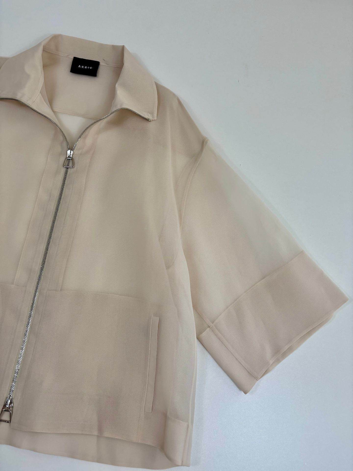 Veste Akris Philia organza soie pure ivoire col chemise manches bracelet zip argenté – T.40-3