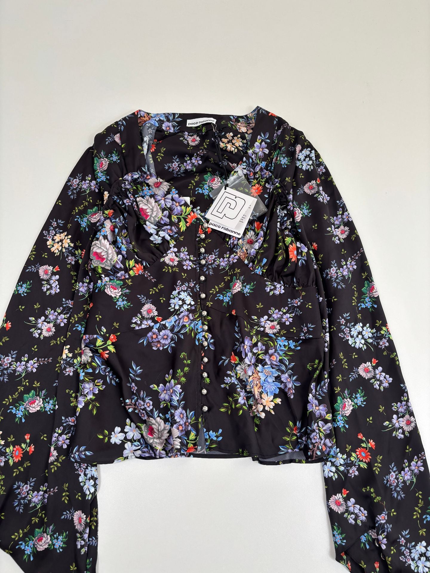 Blouse Paco Rabanne satin noir floral Liberty biais – T.38 – Neuve-2