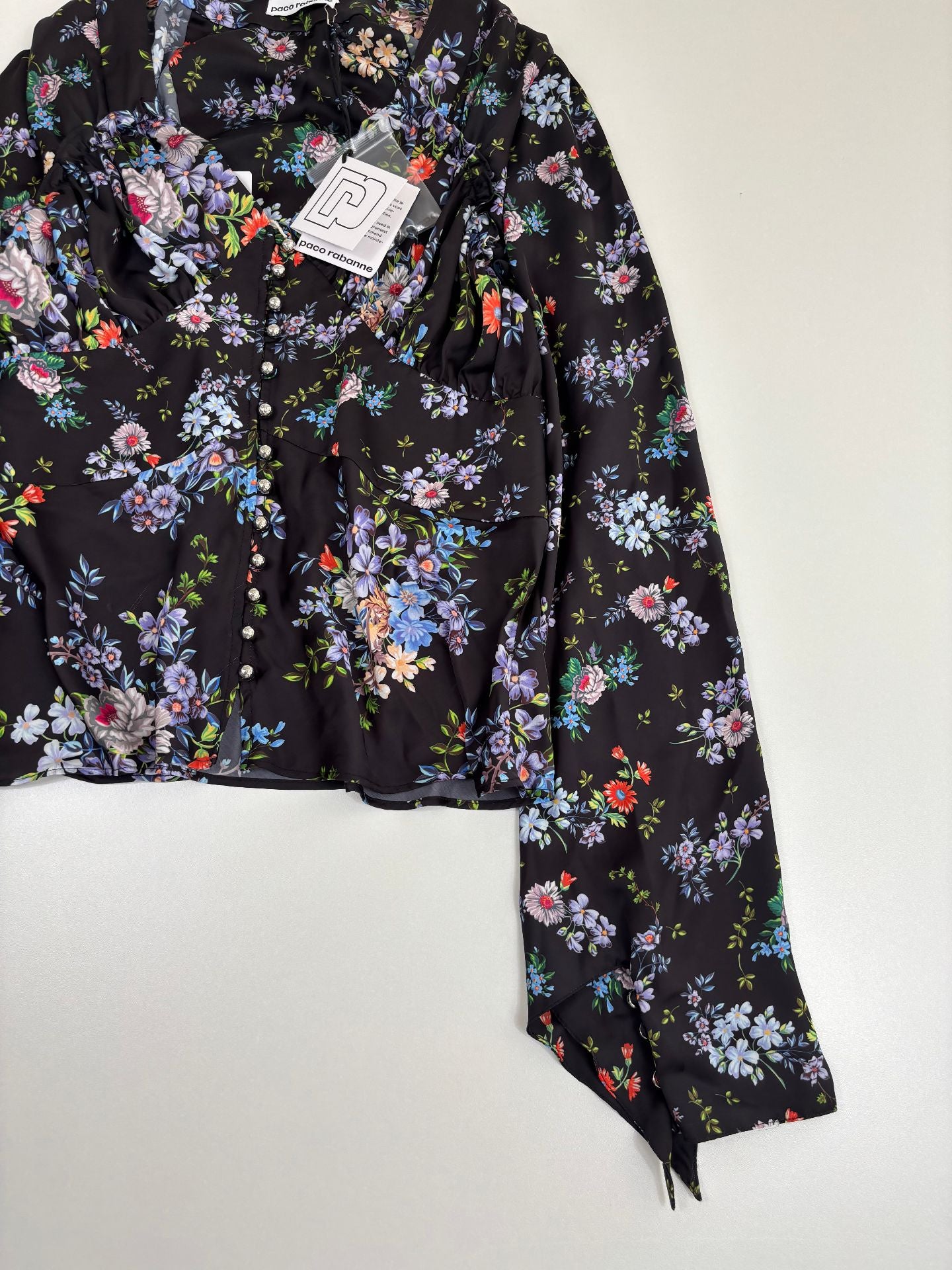 Blouse Paco Rabanne satin noir floral Liberty biais – T.38 – Neuve-3