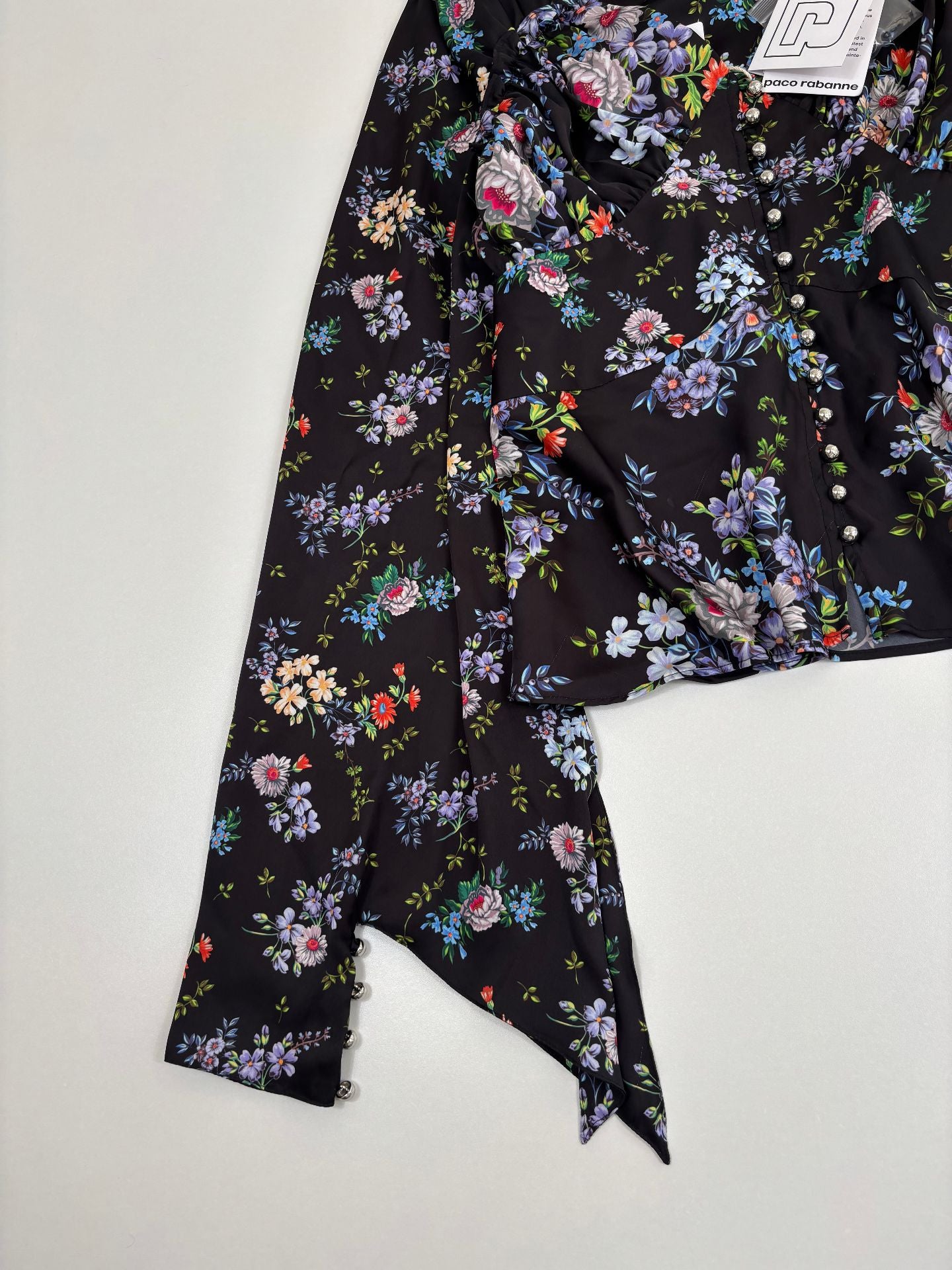 Blouse Paco Rabanne satin noir floral Liberty biais – T.38 – Neuve-4