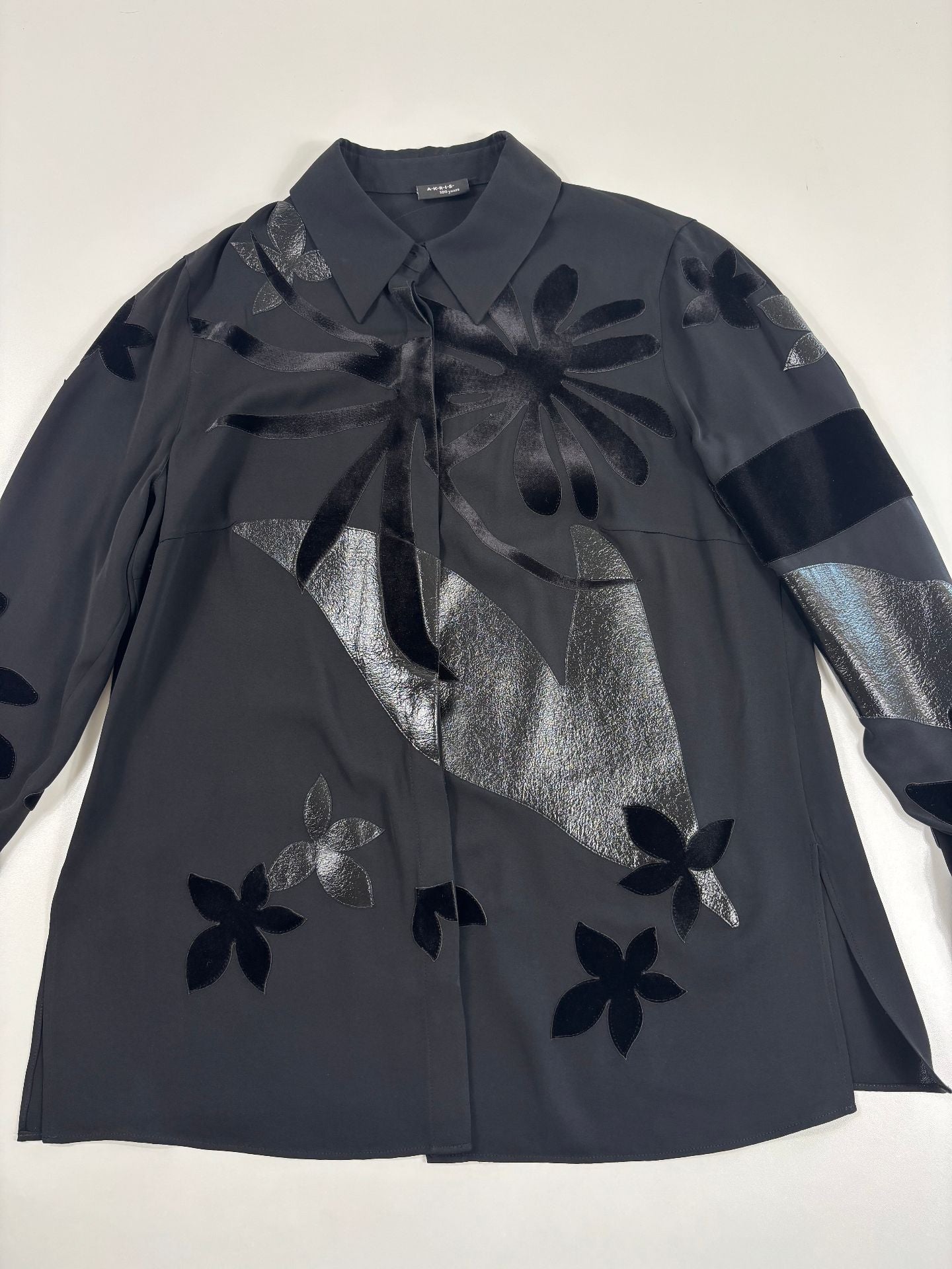 Blouse Akris soie crêpe collection Abraham Flowers floral archives empiècements cuir – T.44-5