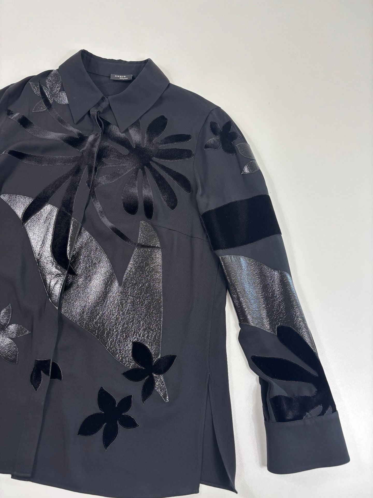 Blouse Akris soie crêpe collection Abraham Flowers floral archives empiècements cuir – T.44-3