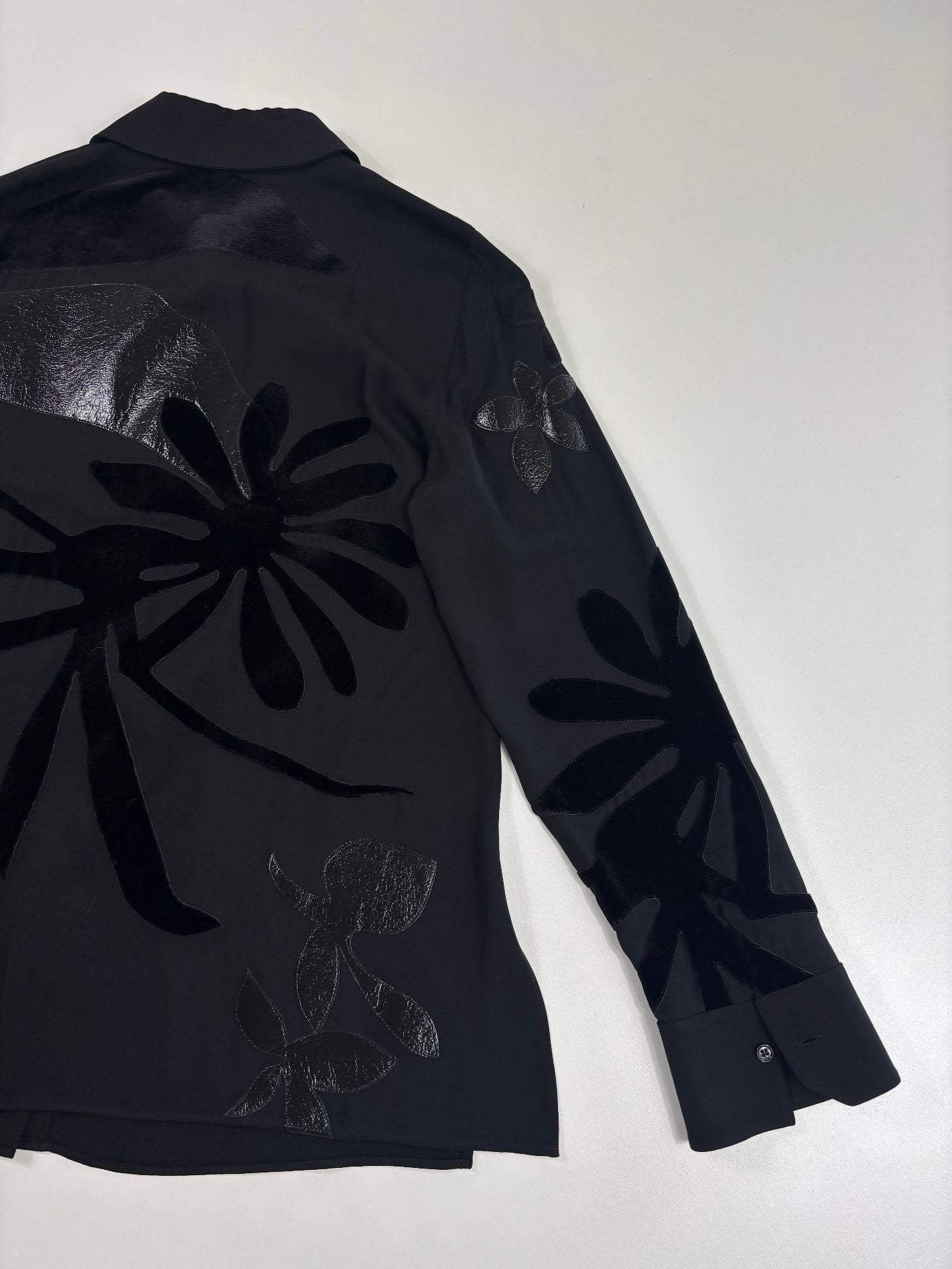 Blouse Akris soie crêpe collection Abraham Flowers floral archives empiècements cuir – T.44-8