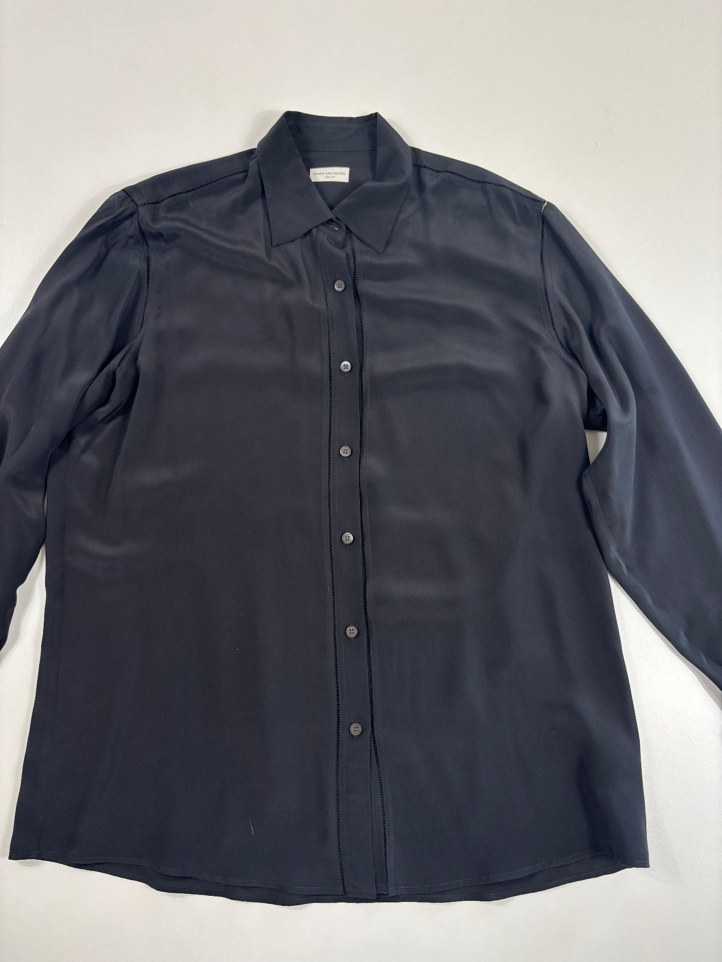 Chemise Dries Van Noten Casio viscose satinée noire col évasé coupe cocon surpiqûres – T.40-3