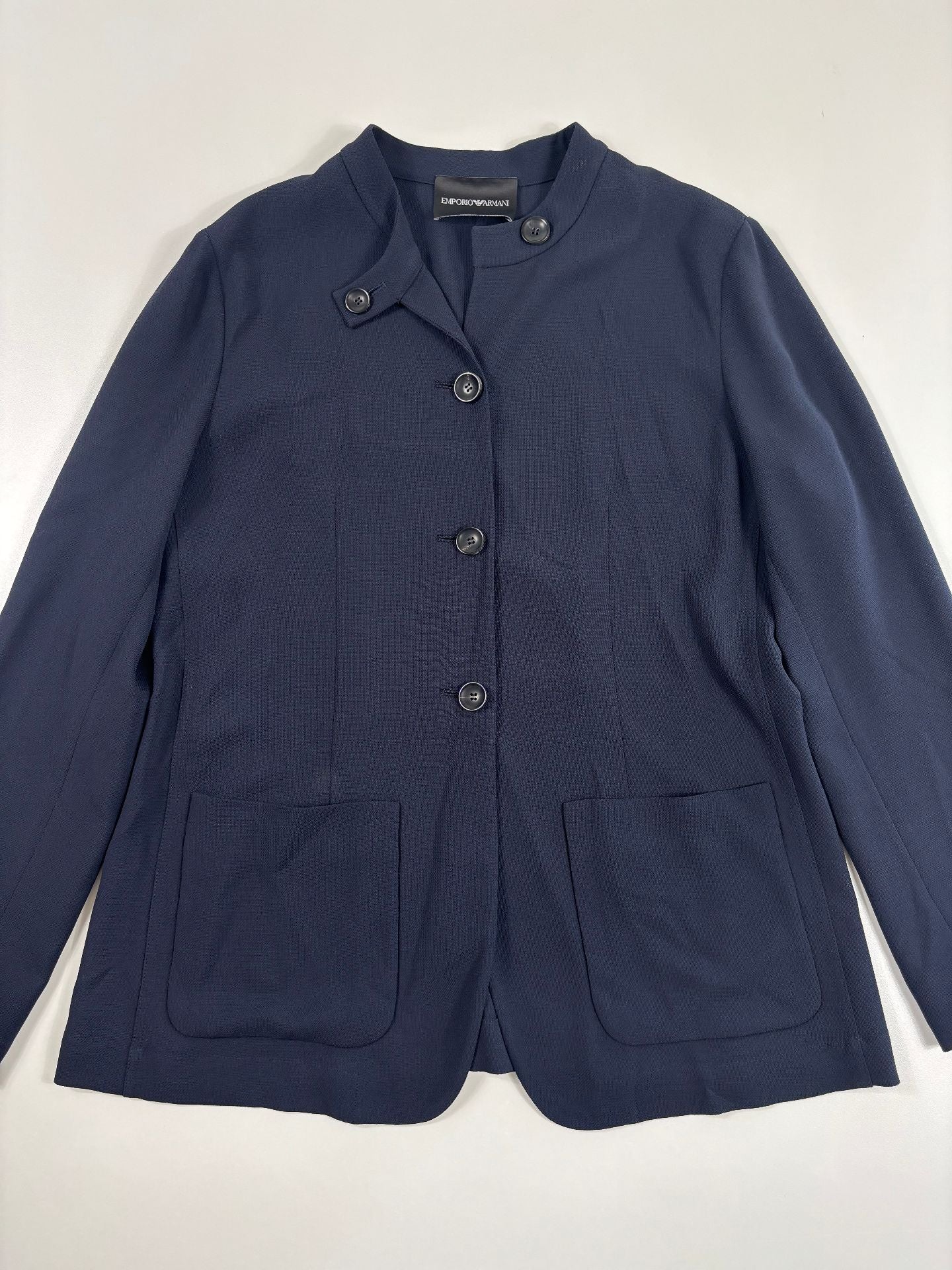 Veste Emporio Armani crêpe bleu marine col officier 4 boutons poches plaquées – T.40-4