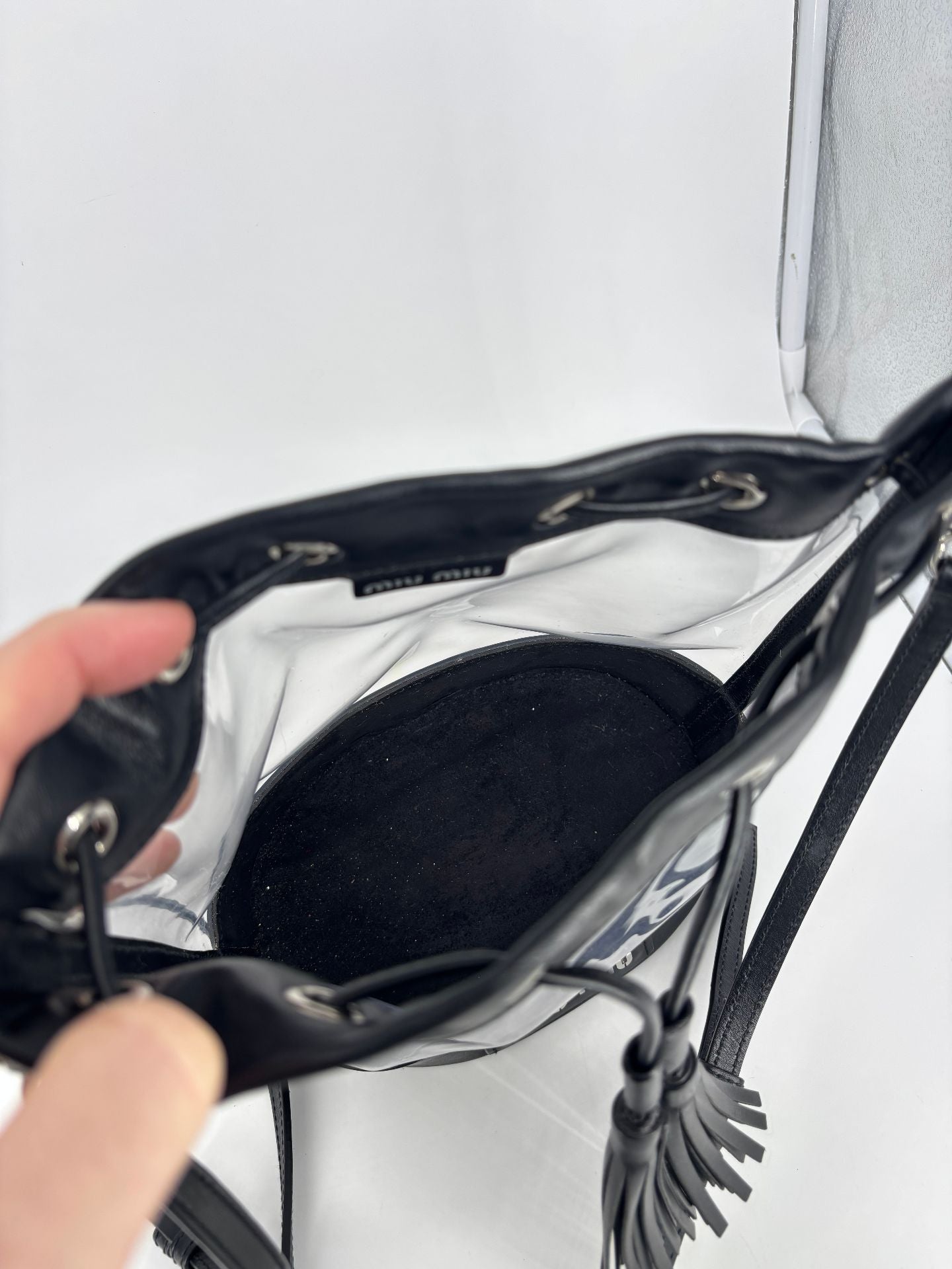 Black leather & transparent PVC bucket bag – Miu Miu-7