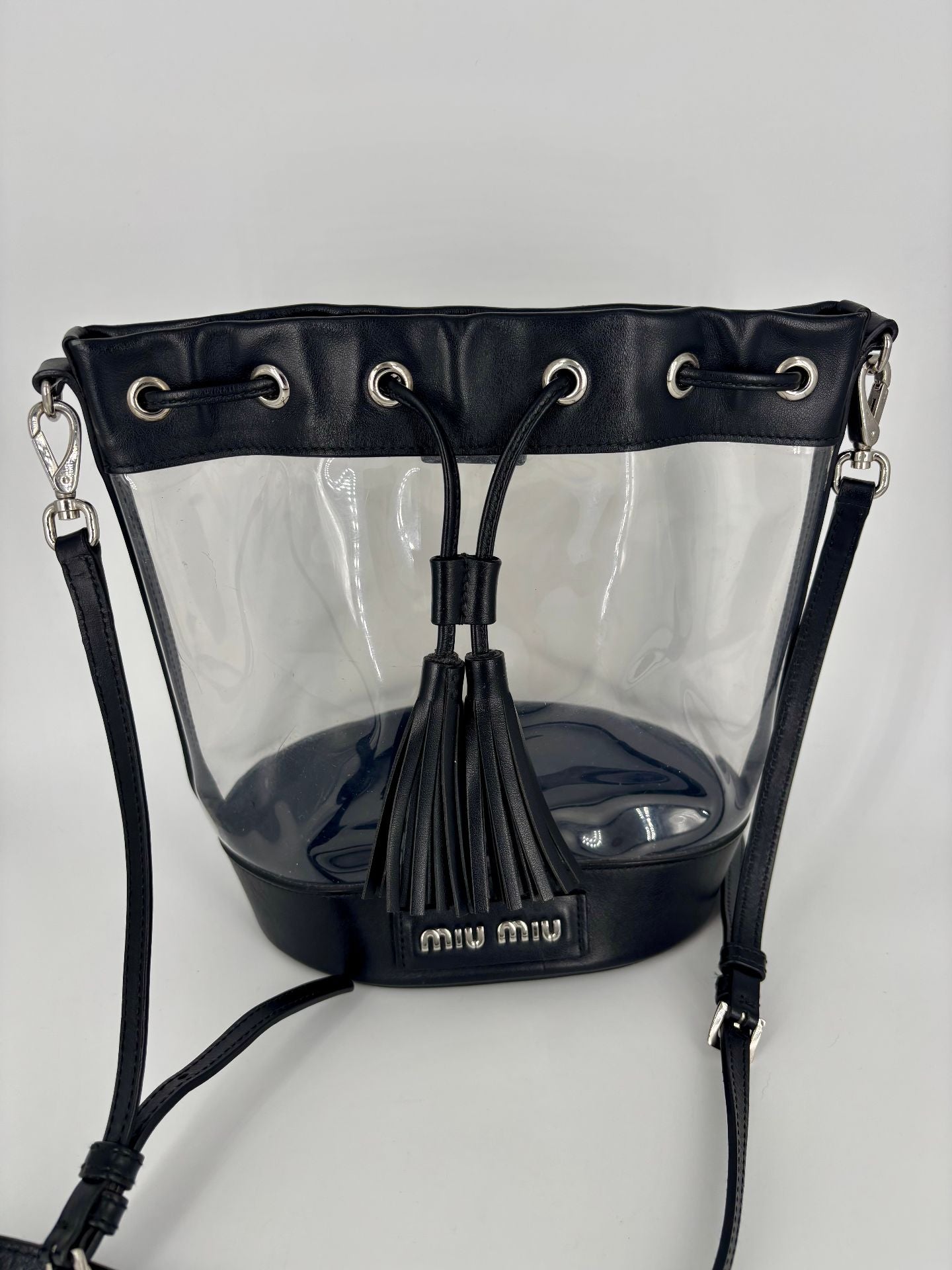 Black leather & transparent PVC bucket bag – Miu Miu-8