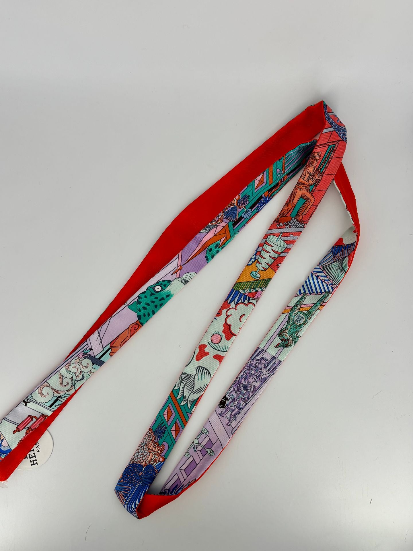Twilly Hermès en soie – imprimé ville multicolore & orange-3