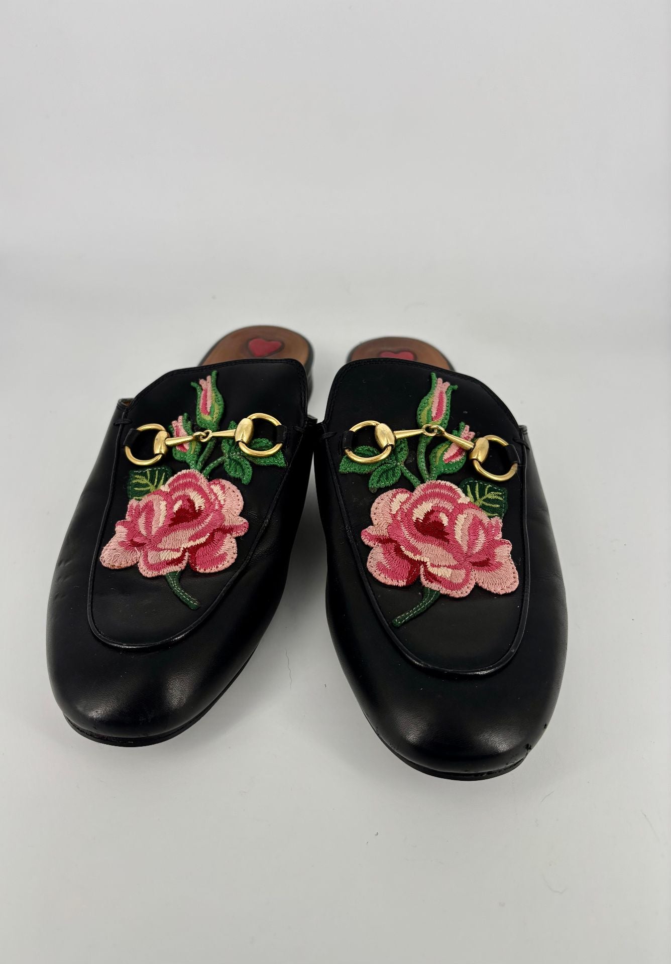 Gucci Black Embroidered Leather Princetown Mules – Size 38-2