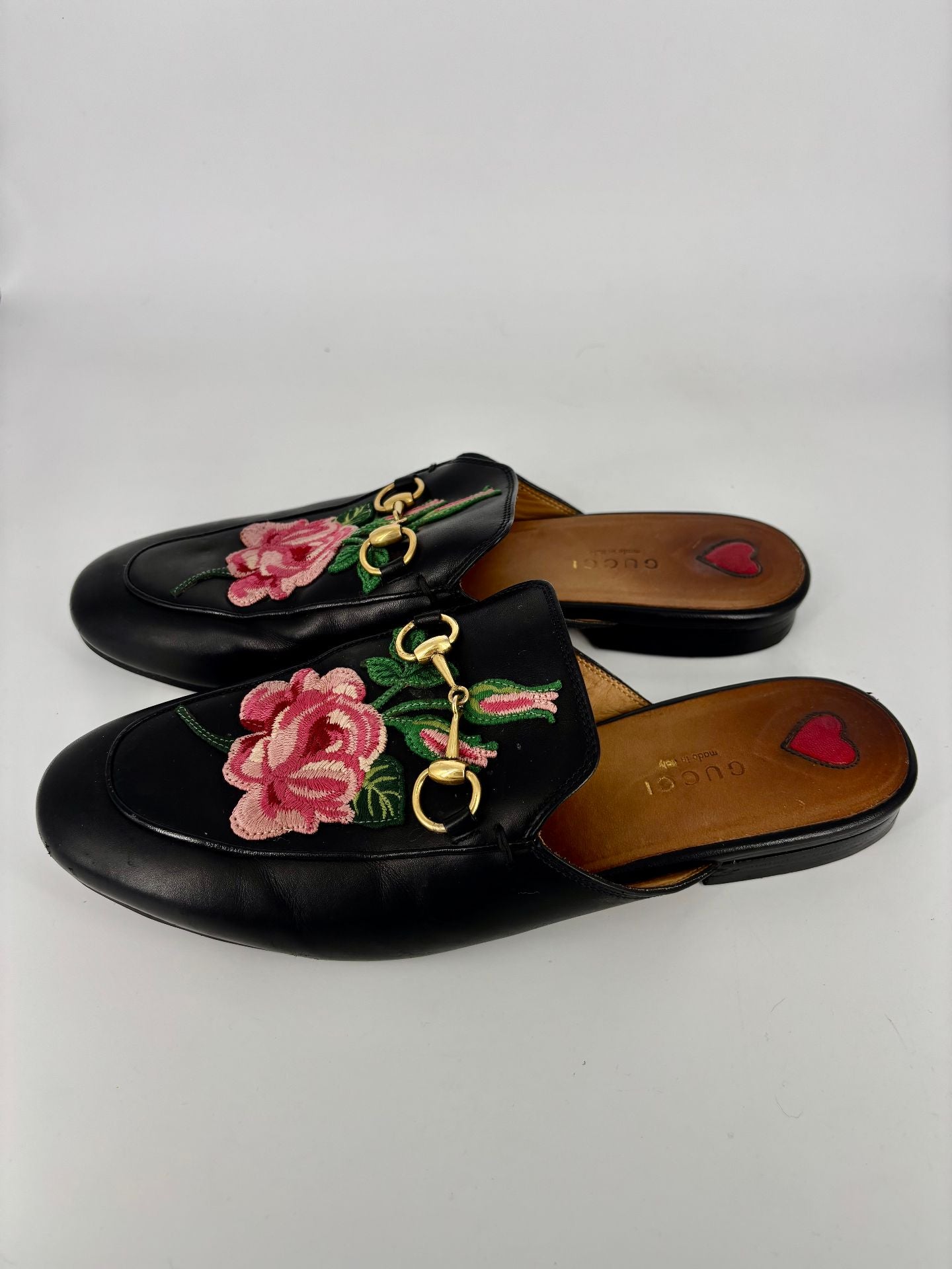 Gucci Black Embroidered Leather Princetown Mules – Size 38-4