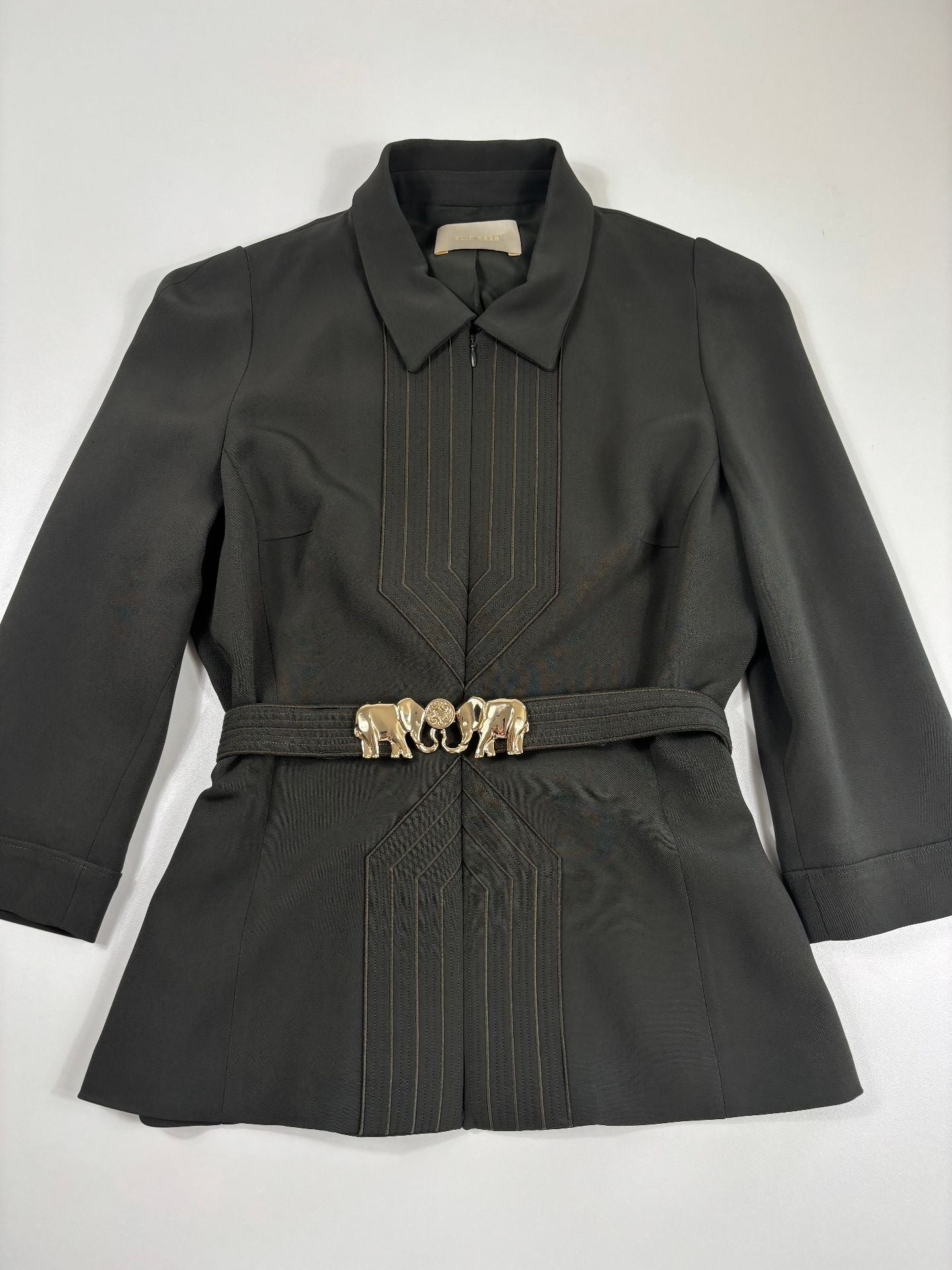 Veste kaki plastron surpiqûres dorées avec ceinture éléphants – Elie Saab – Taille 38-7