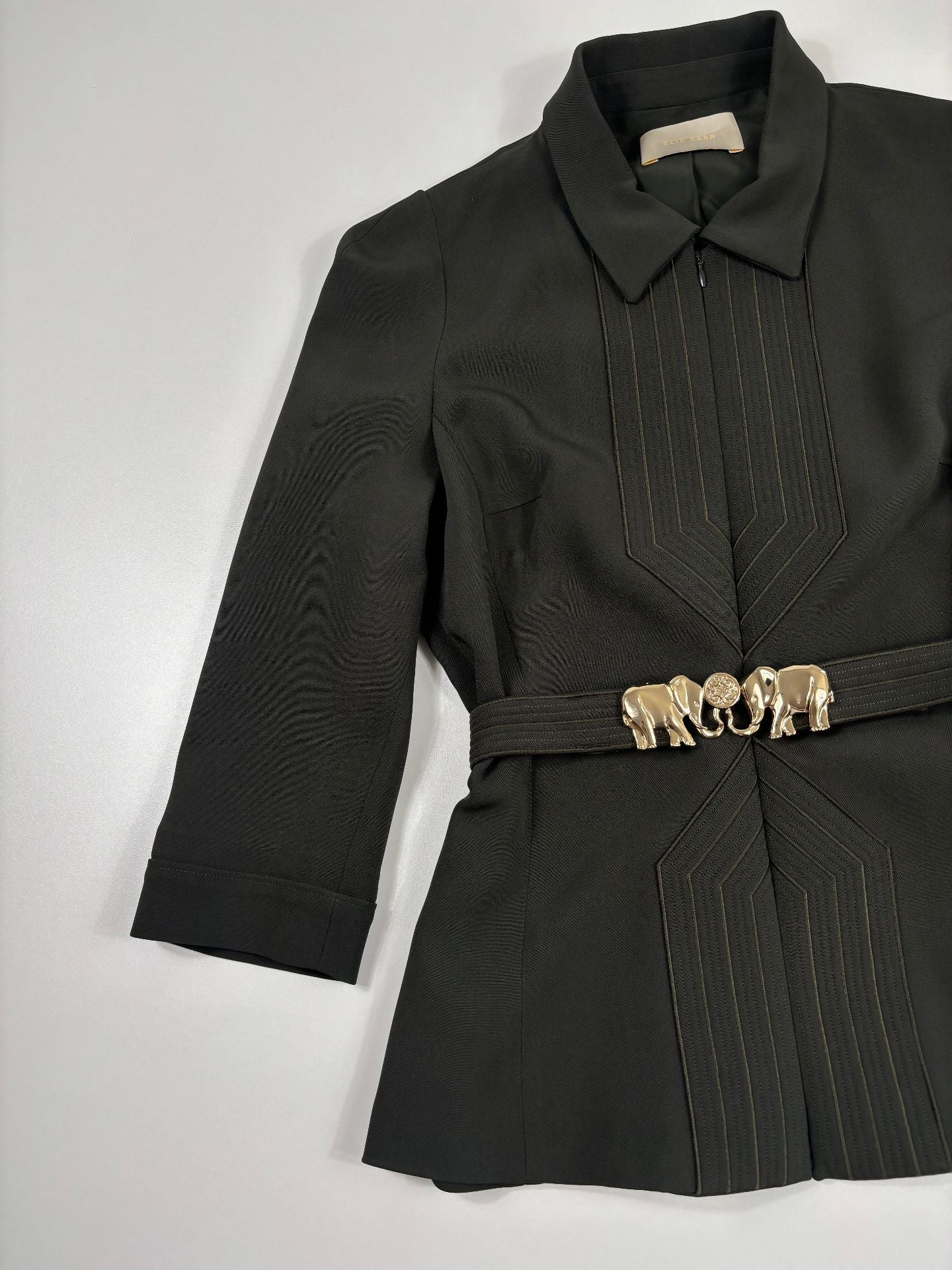 Veste kaki plastron surpiqûres dorées avec ceinture éléphants – Elie Saab – Taille 38-2