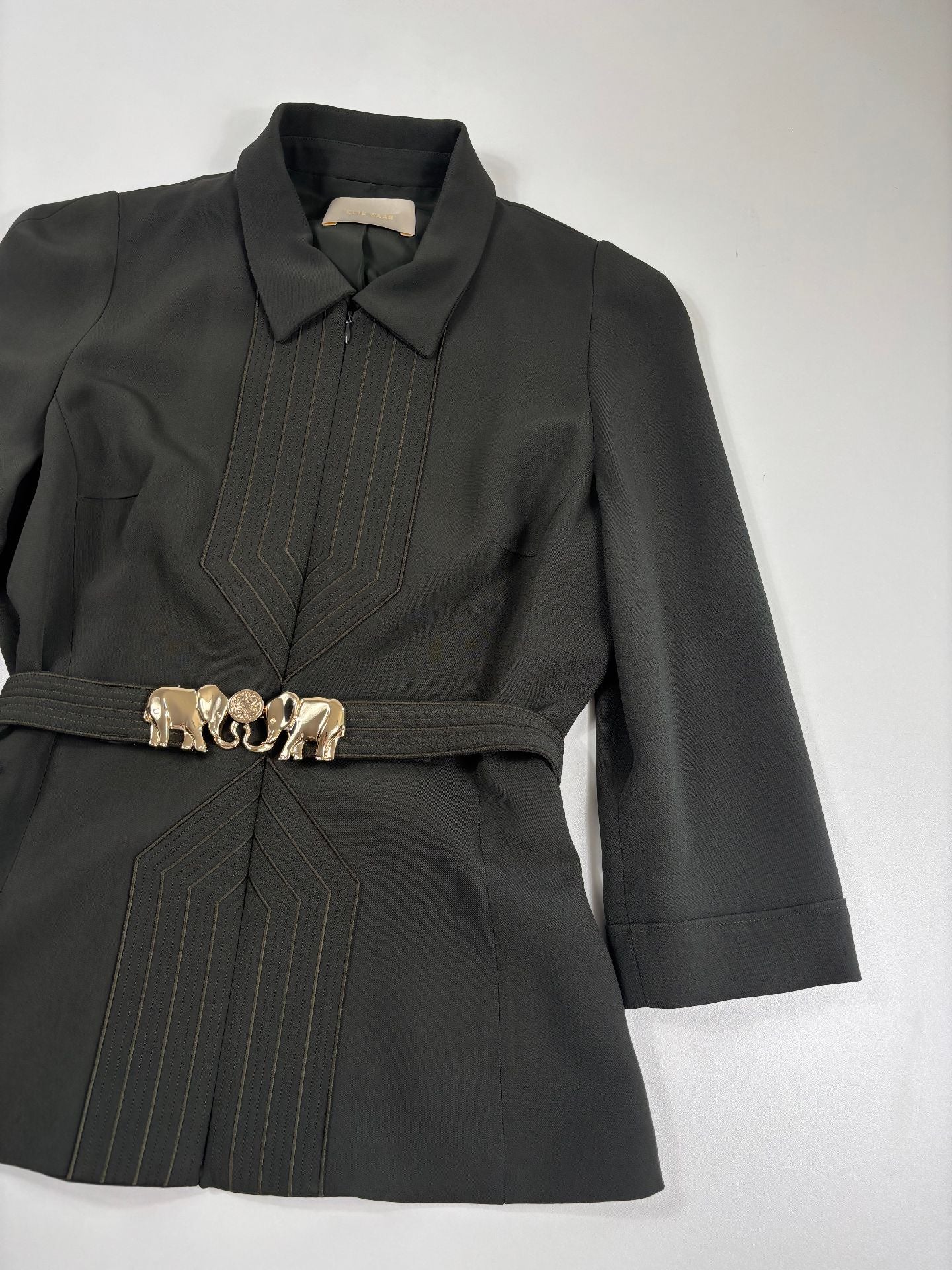 Veste kaki plastron surpiqûres dorées avec ceinture éléphants – Elie Saab – Taille 38-3