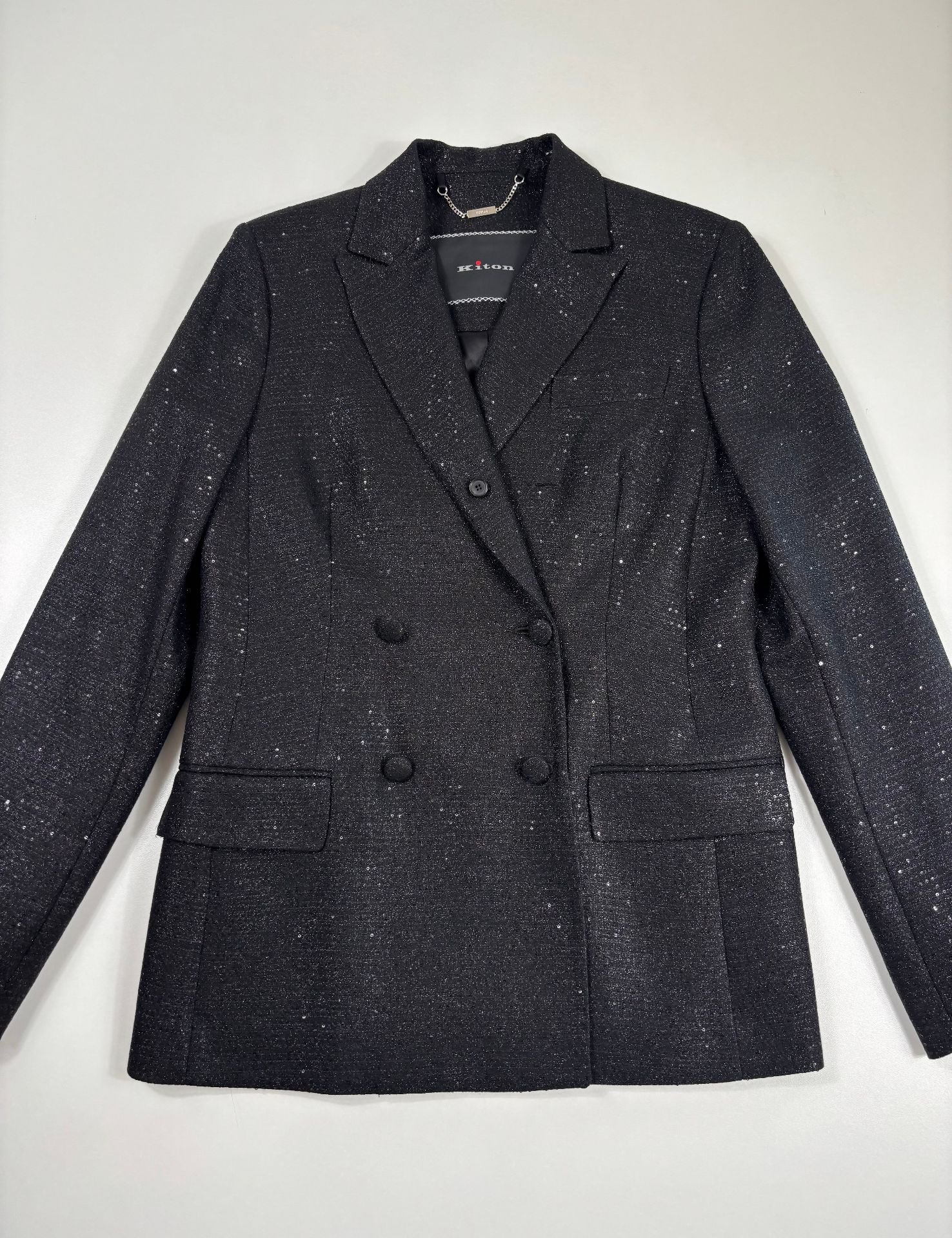 Tailleur laine vierge pailletée noire blazer double boutonnage & pantalon large – Kiton – Taille 40-2