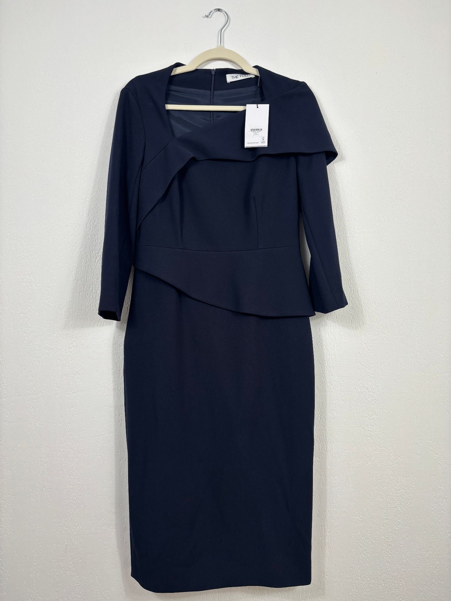 Robe Ceretto bleu marine à volant asymétrique – The Fold – Taille 38-2