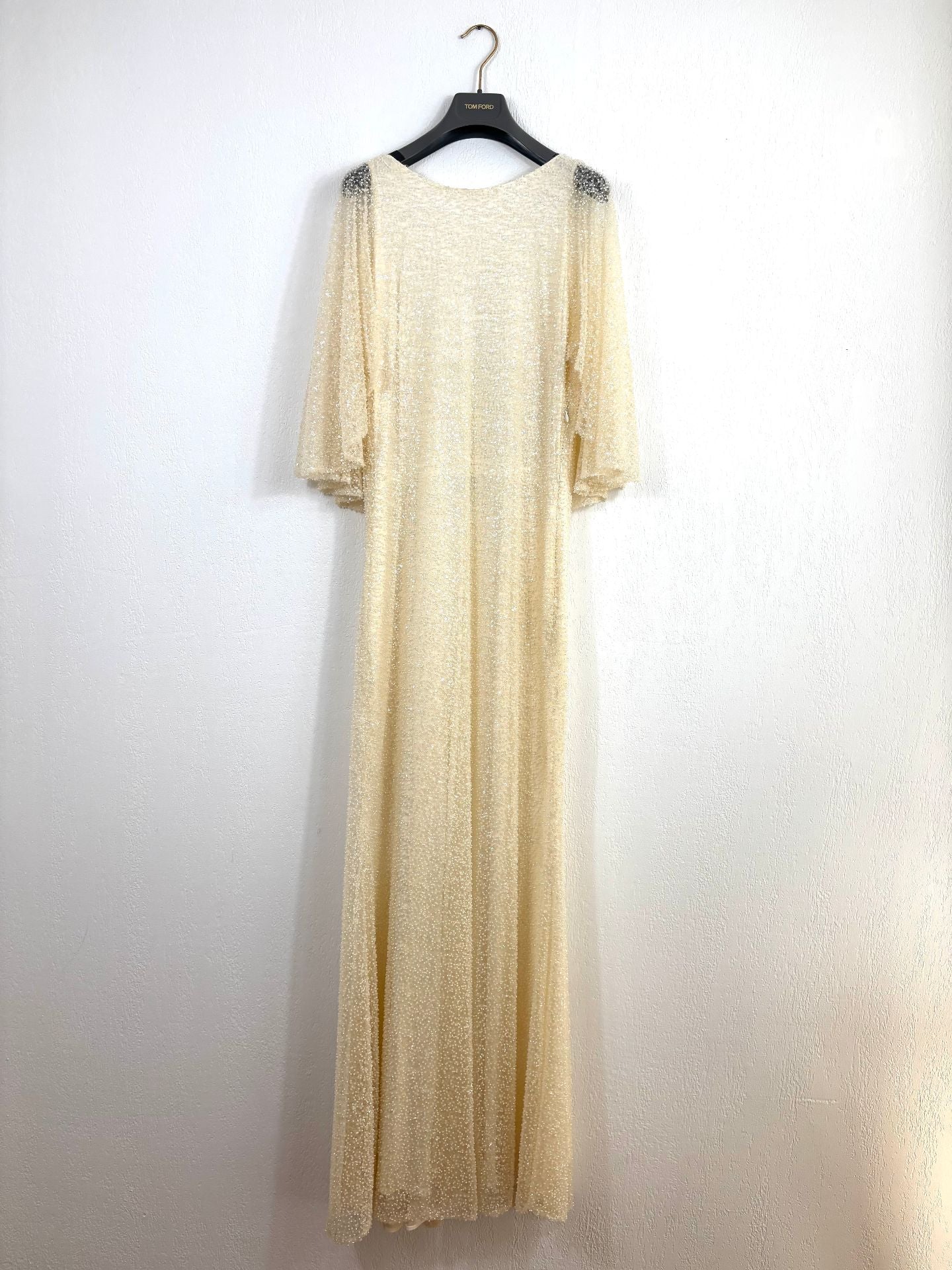 Robe longue sur-mesure paillettes tulle brodé ivoire champagne – Taille L-2