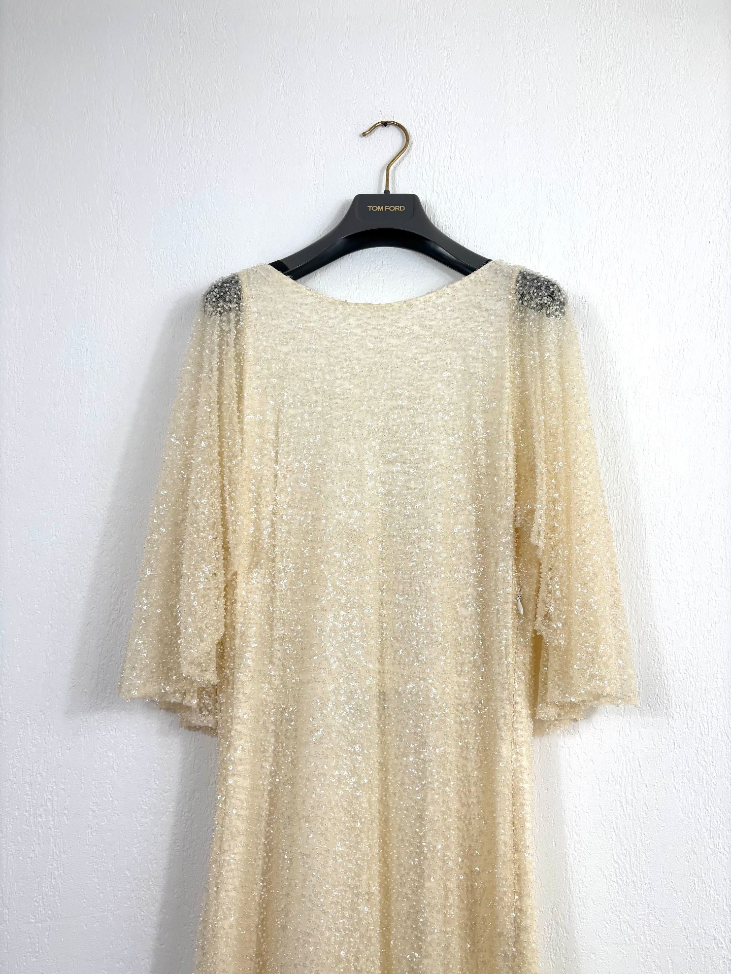 Robe longue sur-mesure paillettes tulle brodé ivoire champagne – Taille L-3