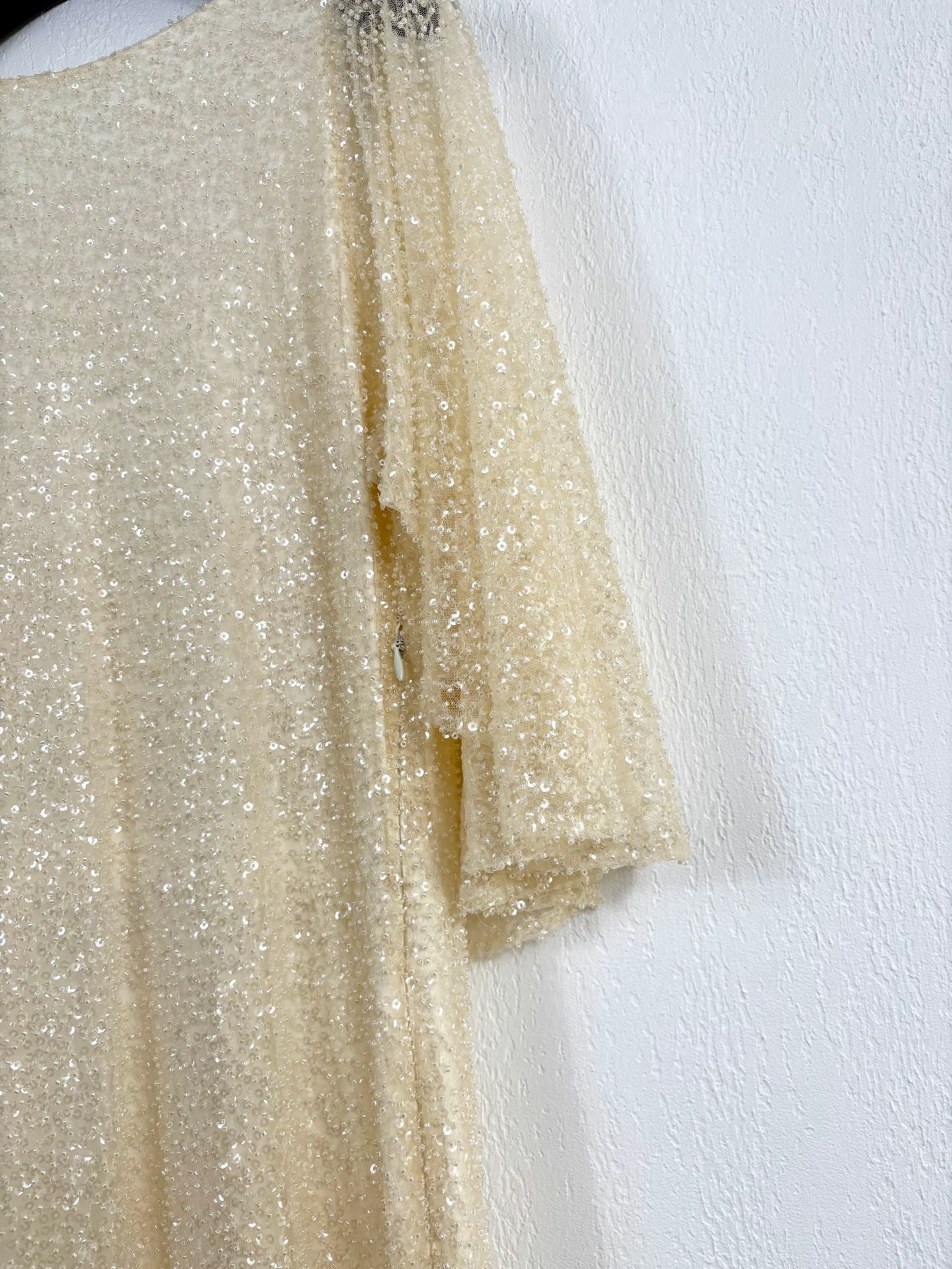 Robe longue sur-mesure paillettes tulle brodé ivoire champagne – Taille L-5