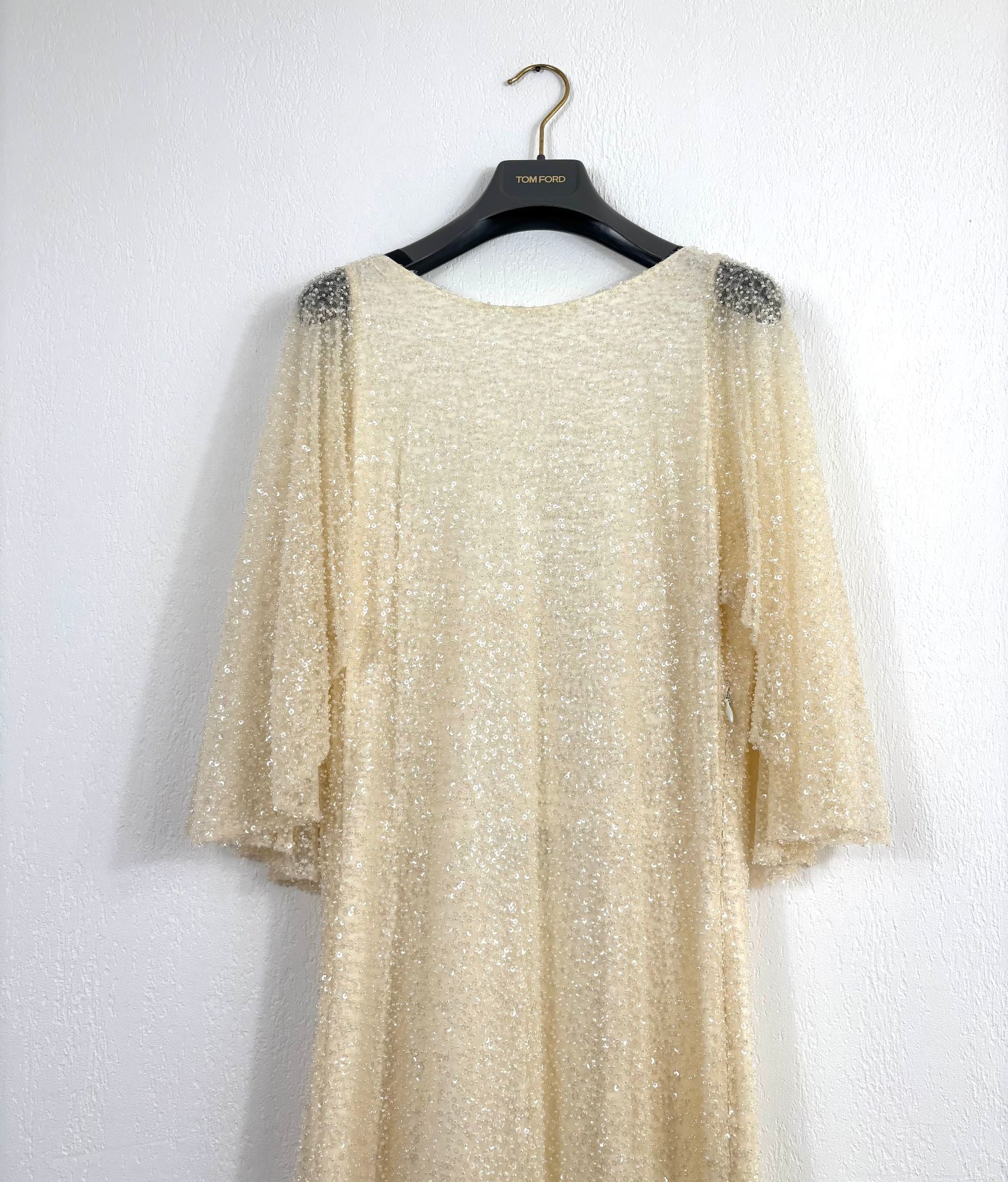 Robe longue sur-mesure paillettes tulle brodé ivoire champagne – Taille L-6
