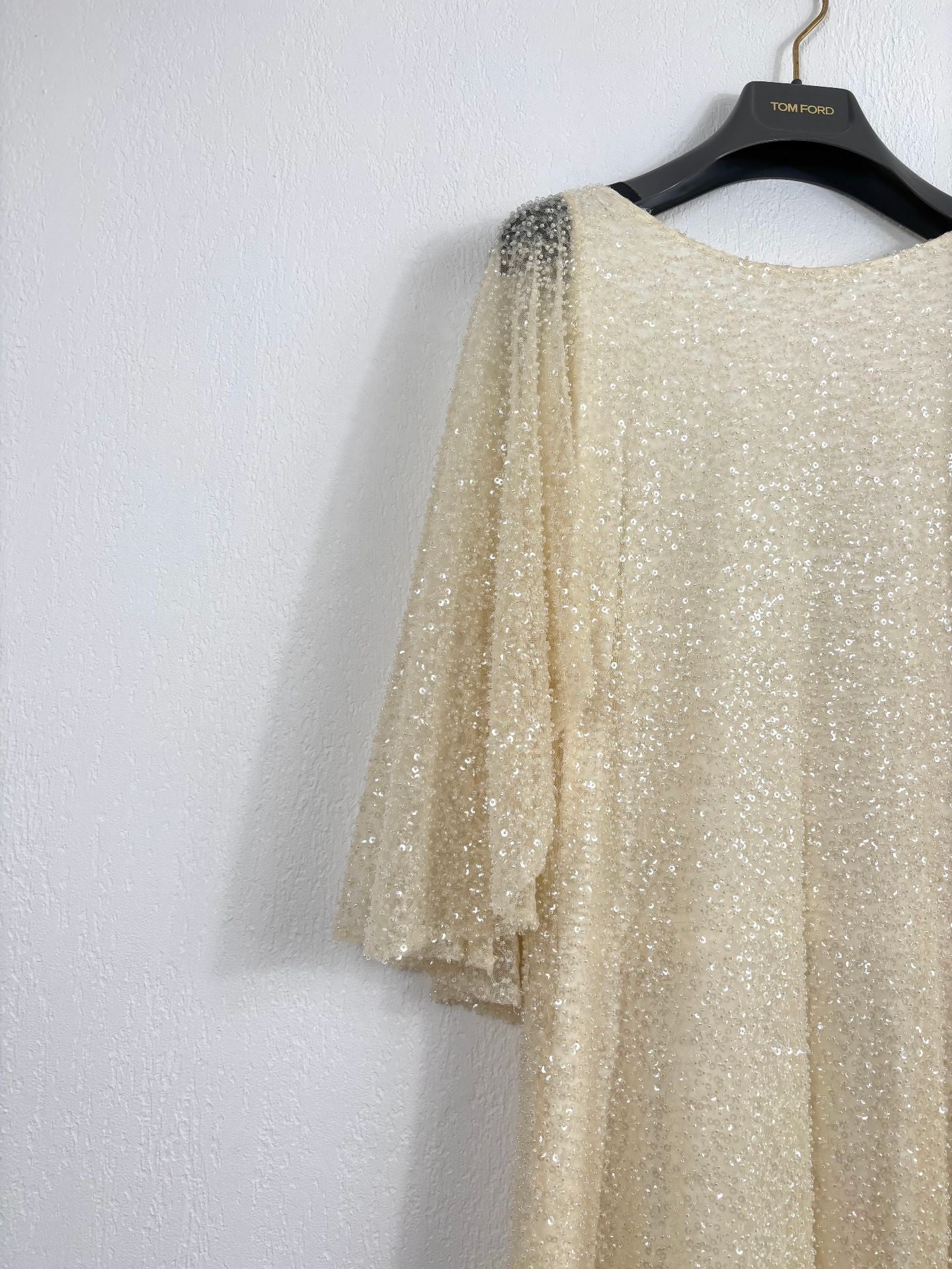 Robe longue sur-mesure paillettes tulle brodé ivoire champagne – Taille L-7